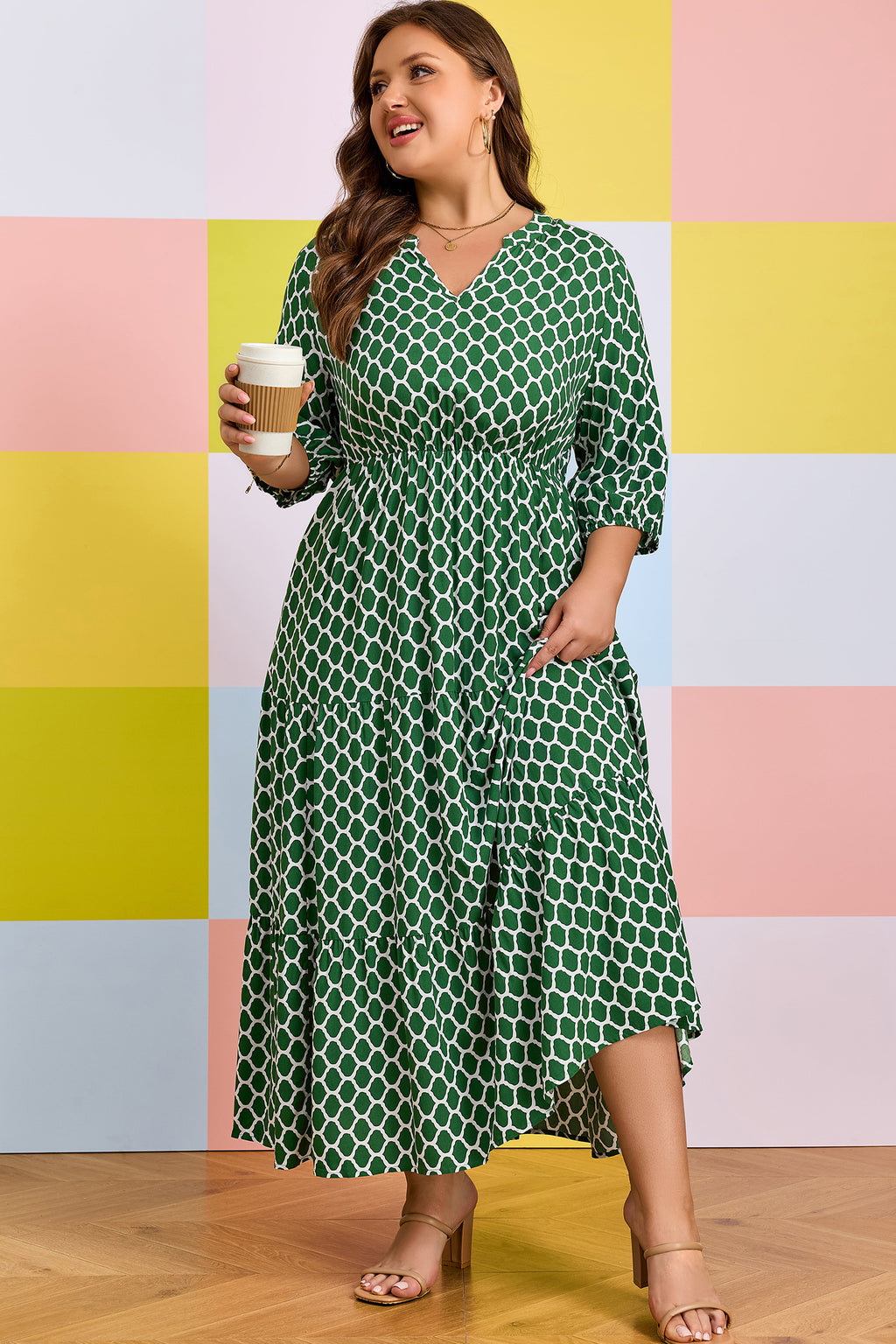 Green Plus Size Geometric Print Pocketed Ruffle Hem Casual Dress