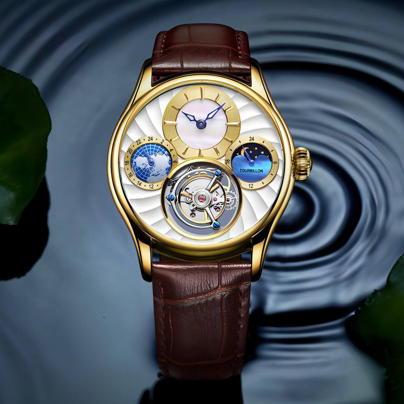 Relógio mecânico de negócios masculino automático Tourbillon Hollow
