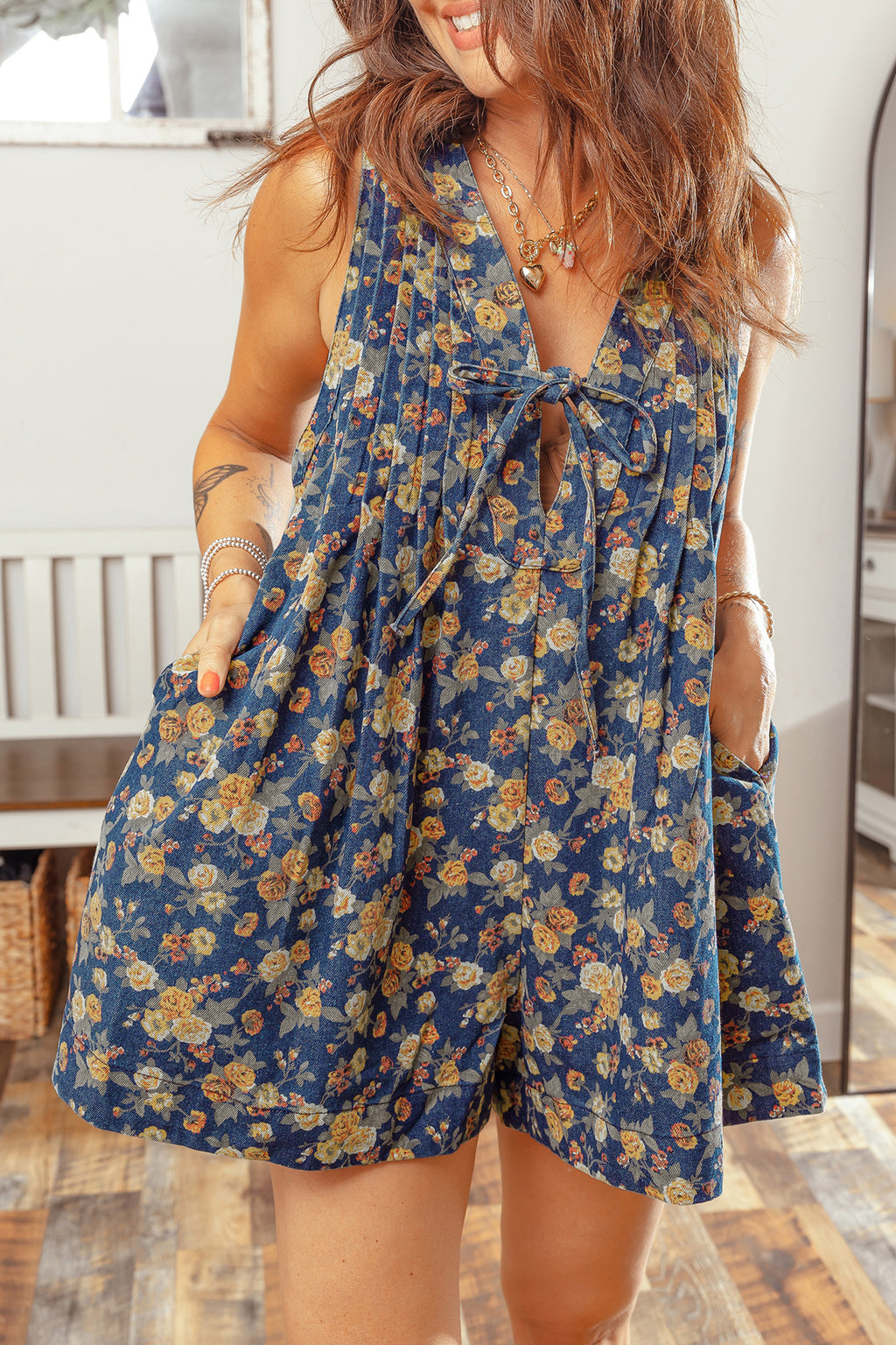 Blue Retro Floral Print Bow Tie V Neck Sleeveless Pleated Loose Denim Romper