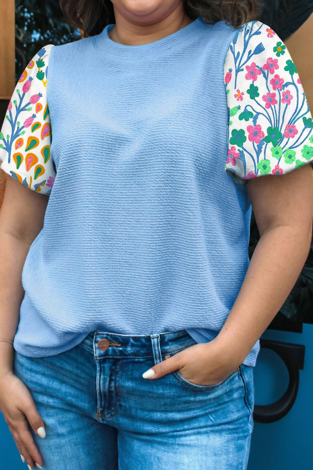 Light Blue Textured Bodice Contrast Floral Sleeve Plus Size Top