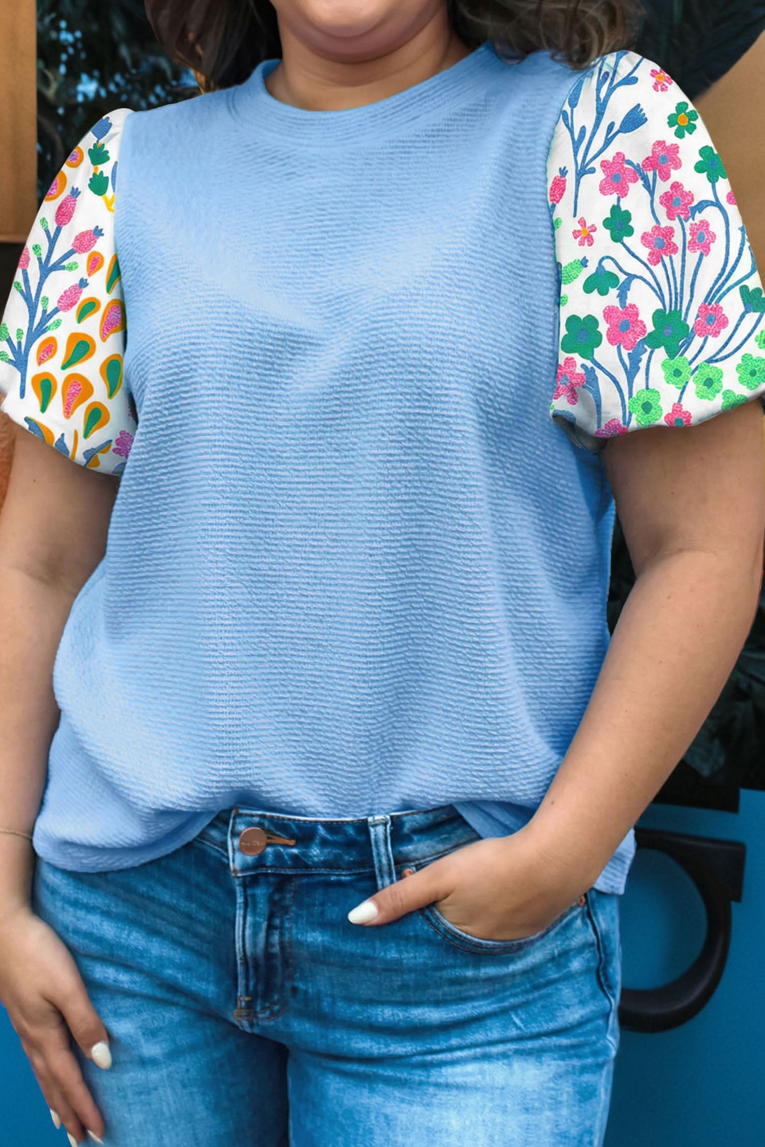 Light Blue Textured Bodice Contrast Floral Sleeve Plus Size Top