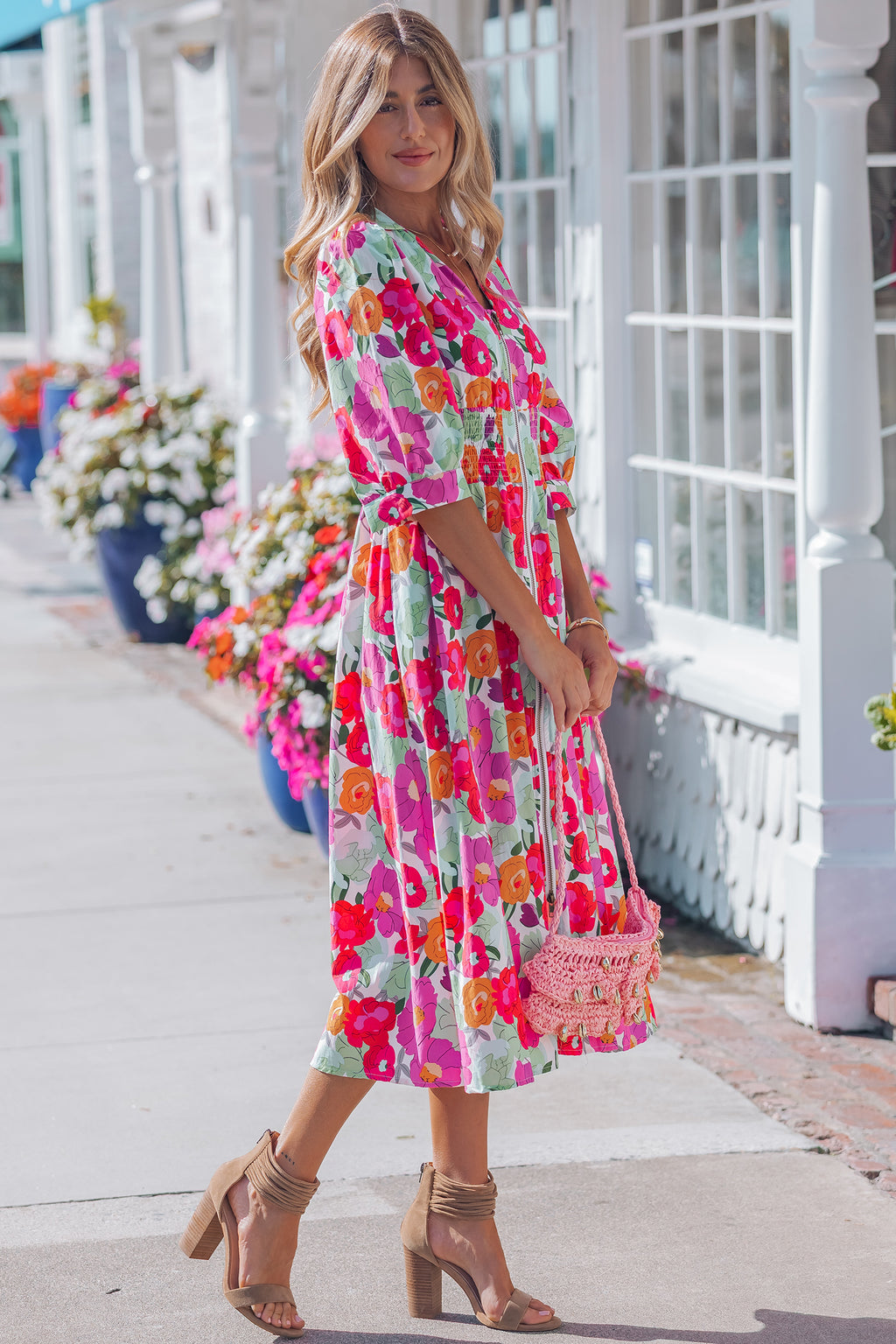 Rose Vibrant Floral Print V Neck Zip Up Puffy Half Sleeve Dress