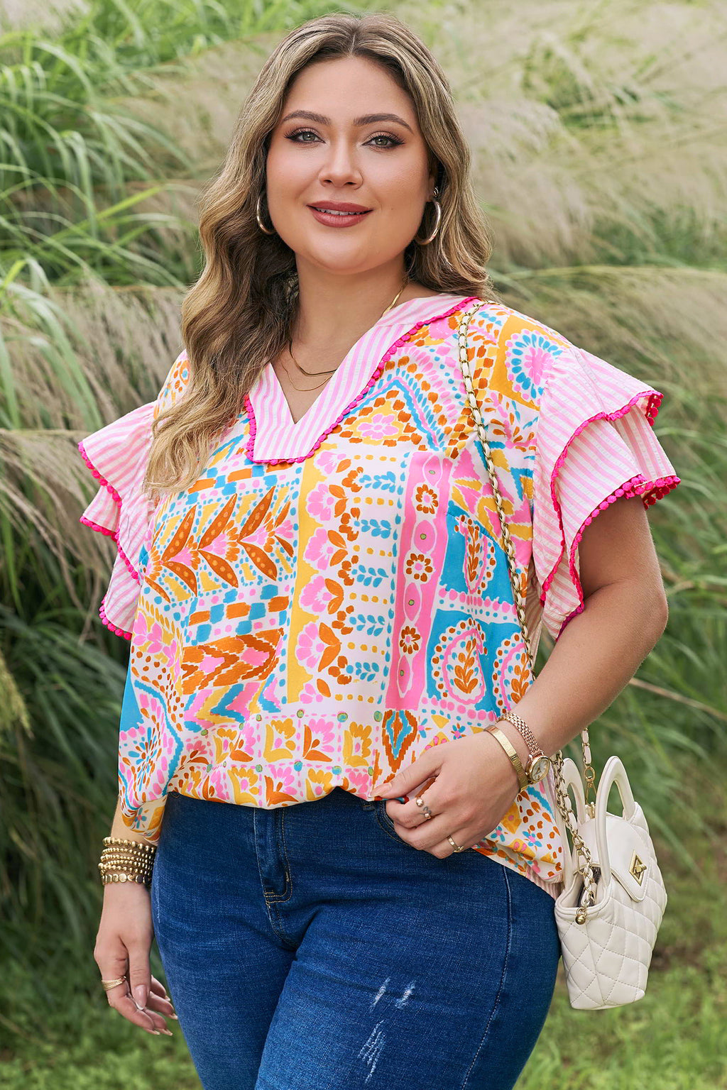 Rose Plus Size Geometric Print Contrast Trim Striped V Neck Blouse