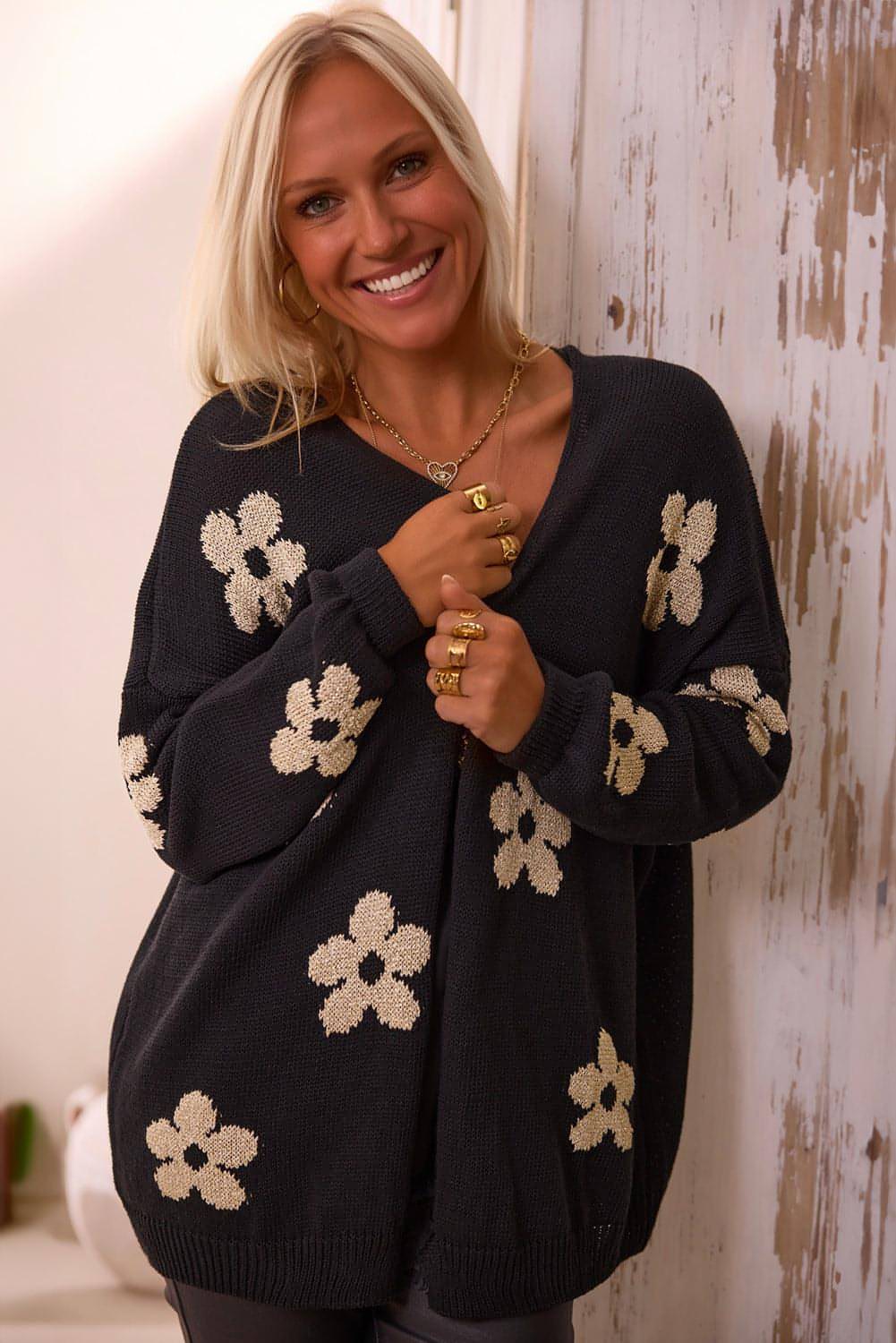 Cárdigan holgado de punto con estampado floral negro y parte delantera abierta