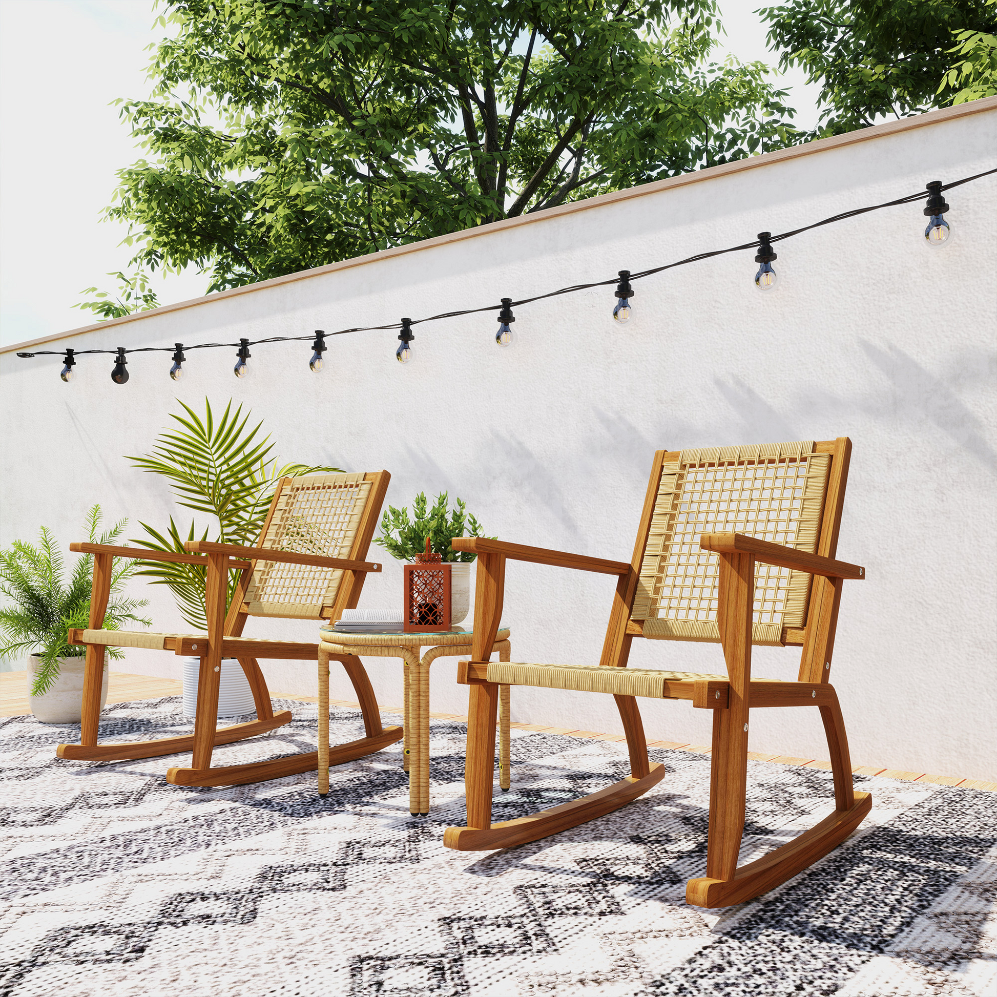 LuneluX_Garden™ Outdoor Acacia Wood Rocking Chair Set – 2-Piece Patio Lounge Chairs