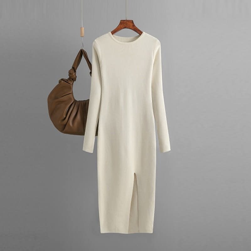 Vestido de cuello redondo sin espalda de punto de manga larga de otoño e invierno
