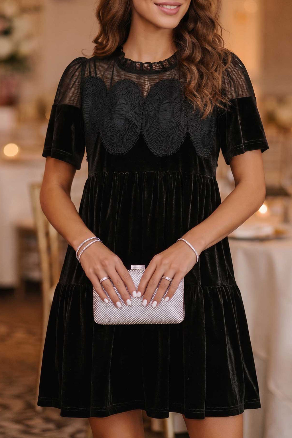 Black Embroidered Velvet Short Sleeve Mini Shift Dress