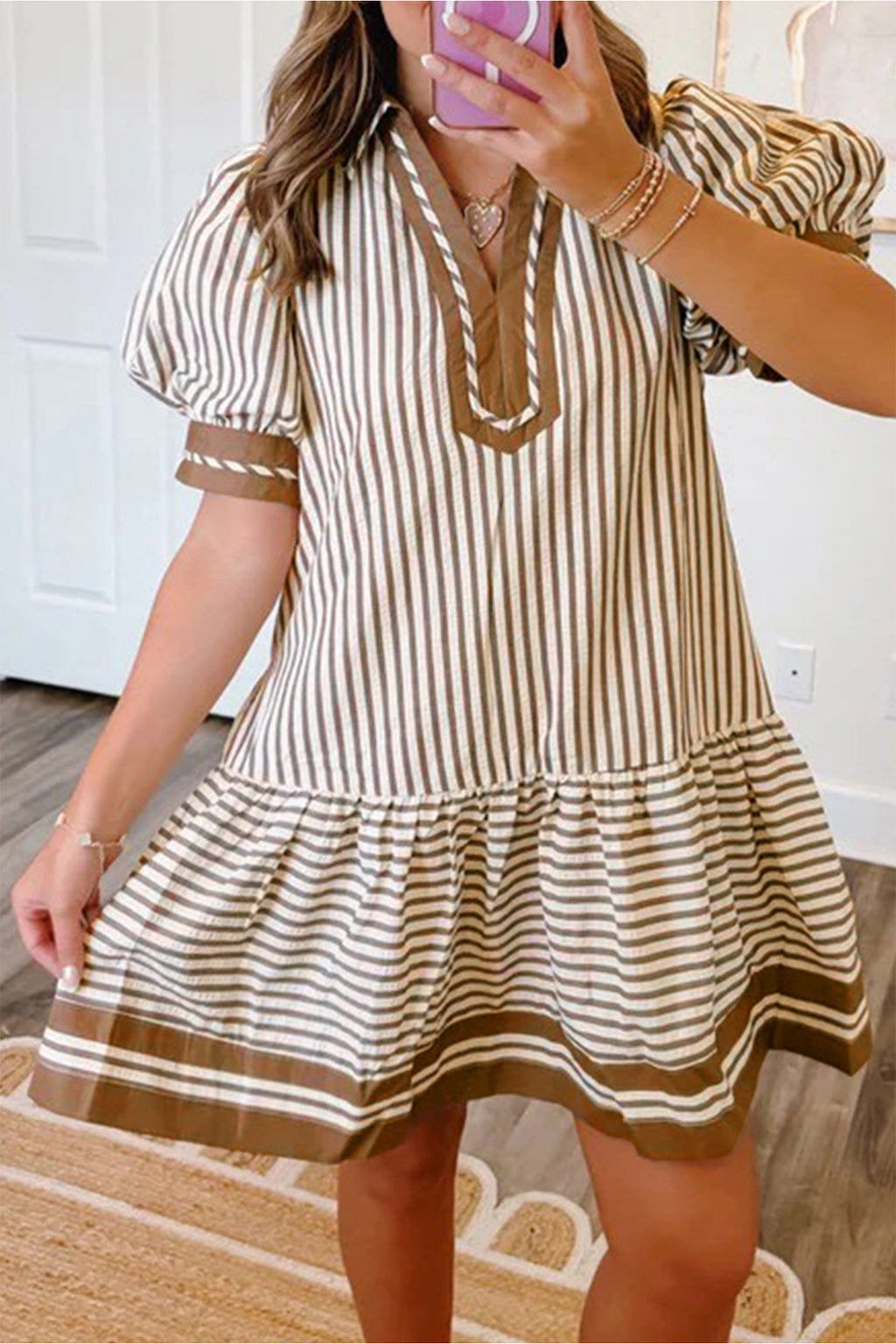 Brown Stripe Shirt Collar Color Block Patchwork Trim Ruffle Hem Short Dress