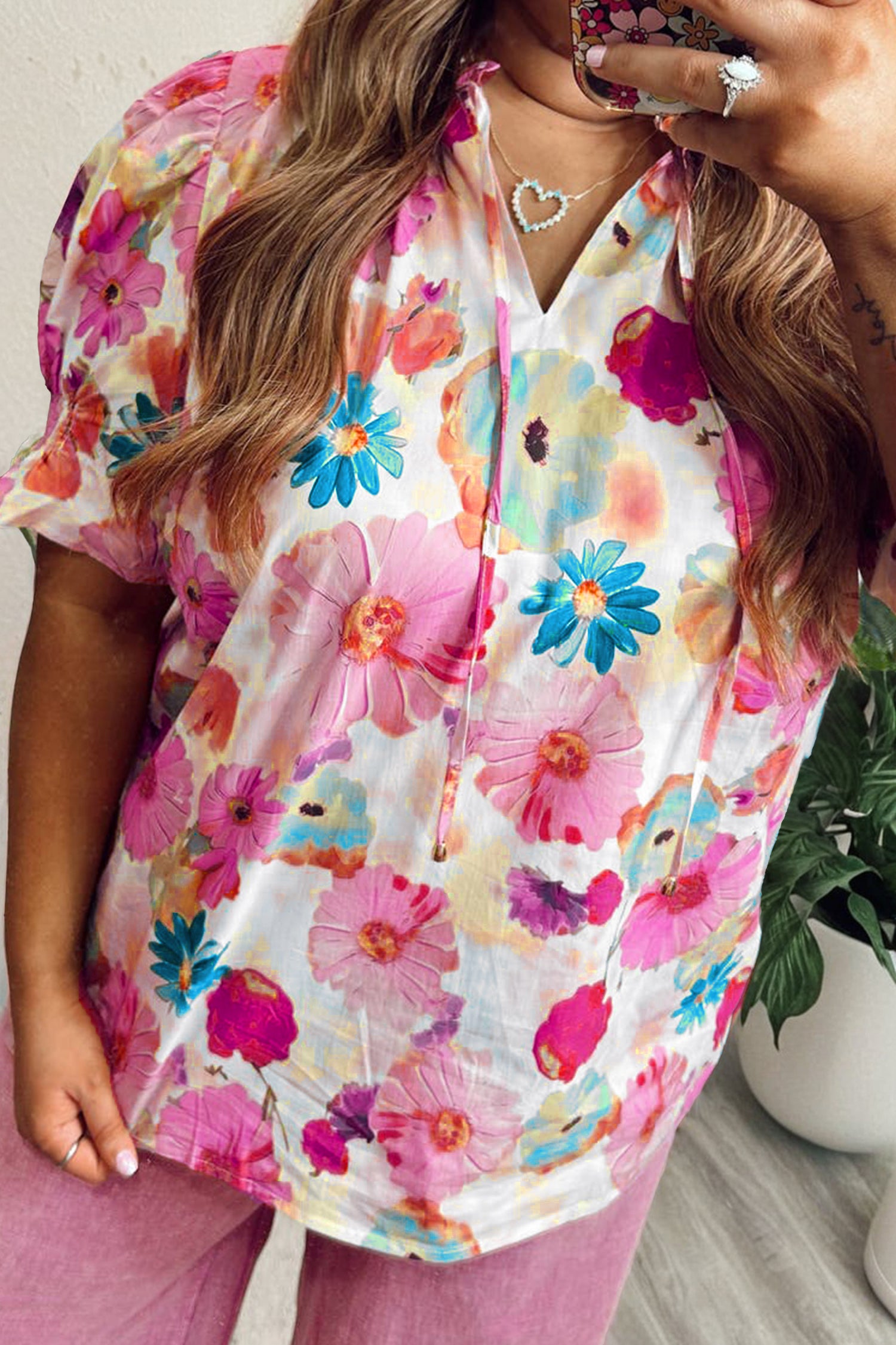 Pink Plus Size Floral Print Ruched Short Sleeve Blouse