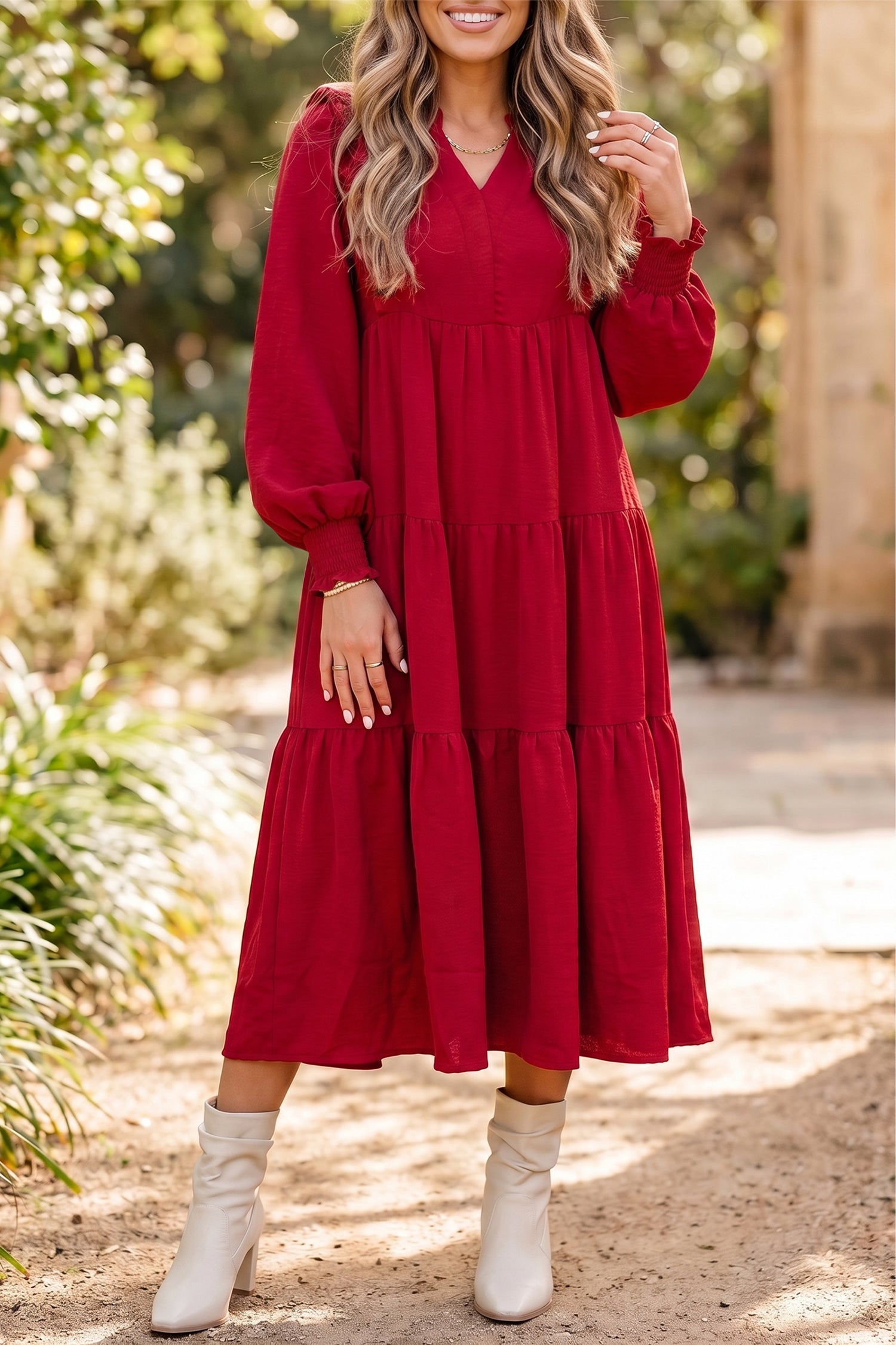 Racing Red Solid Color Ruffle Trim Long Sleeve Tiered Shift Midi Dress