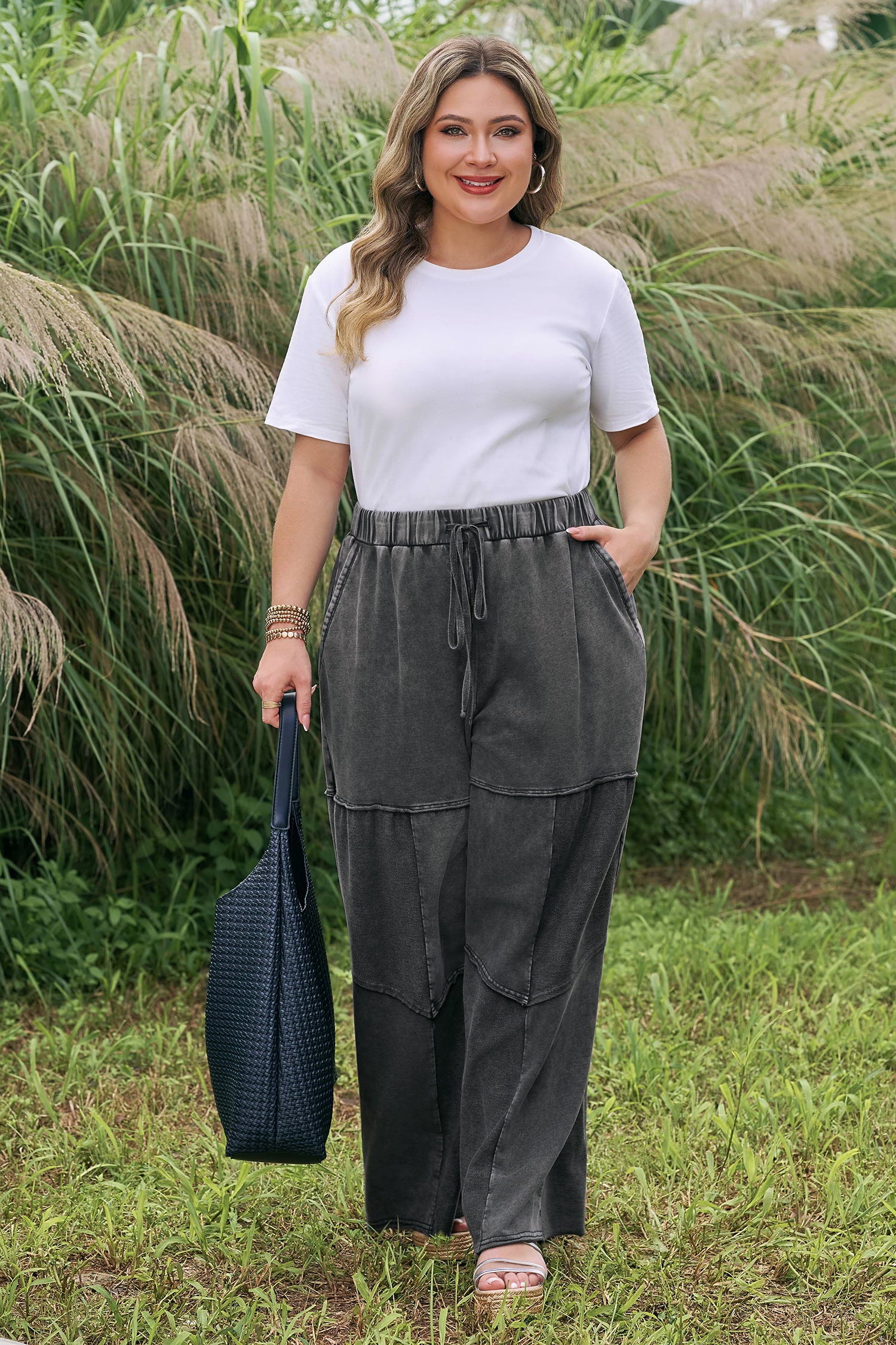 Black Plus Size Mineral Wash Exposed Seam Patchwork Drawstring Loose Pants