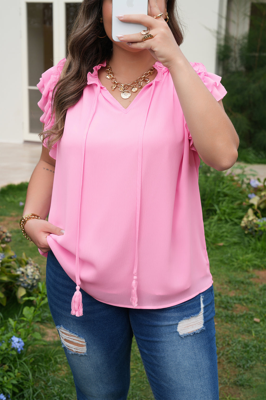 Bonbon Plus Size Textured Tassel Tie V Neck Ruffle Short Sleeve Blouse