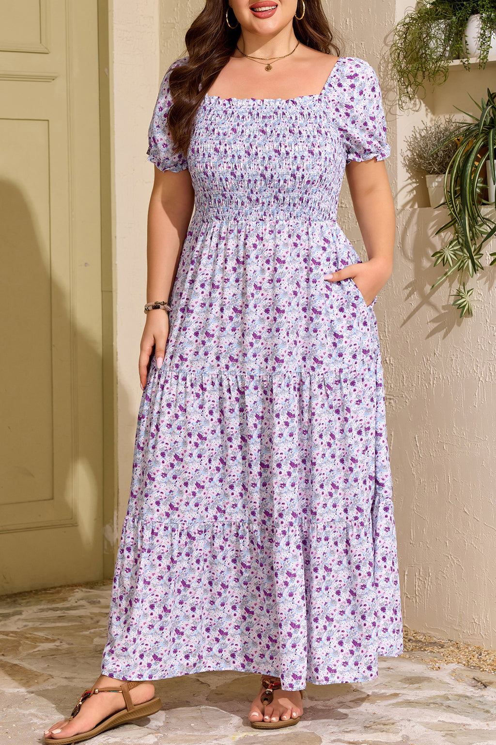 Purple Plus Size Floral Print Square Neck Smocked Maxi Dress