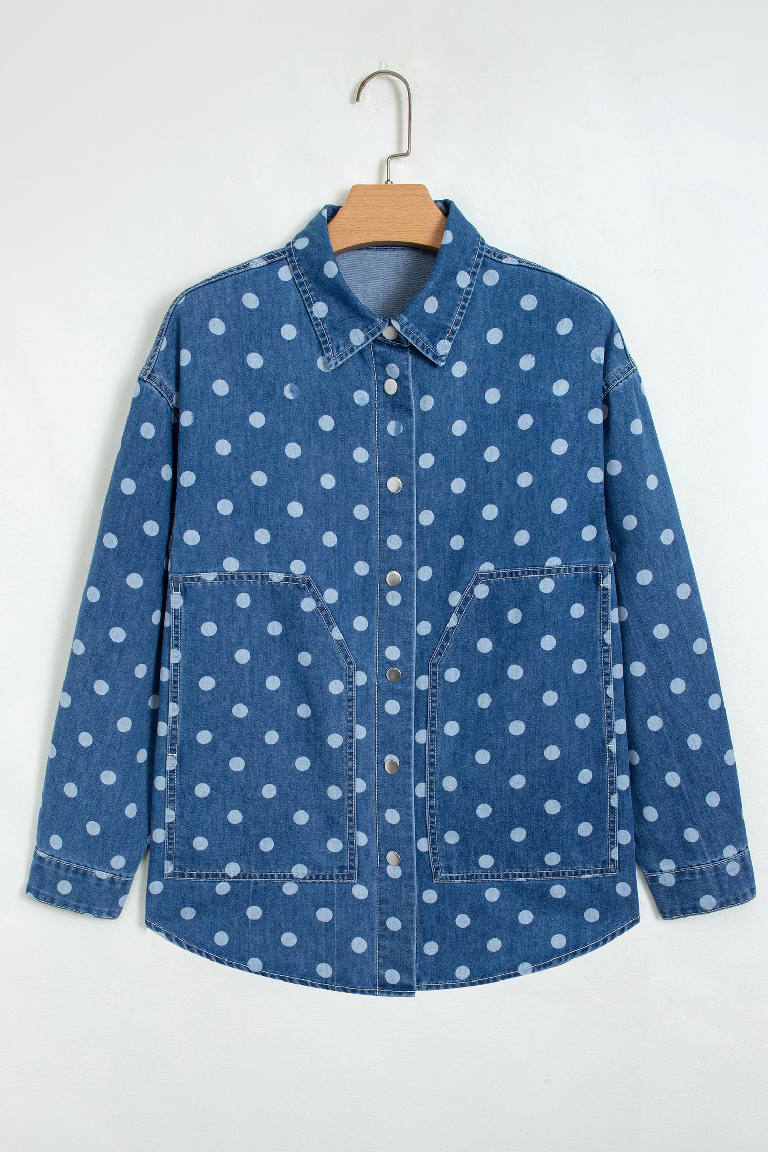 Blue Polka Dot Long Sleeve Collar Shift Tunic Denim Jacket