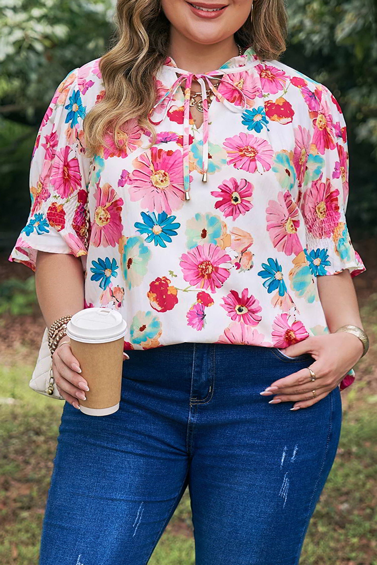 Pink Plus Size Floral Print Ruched Short Sleeve Blouse
