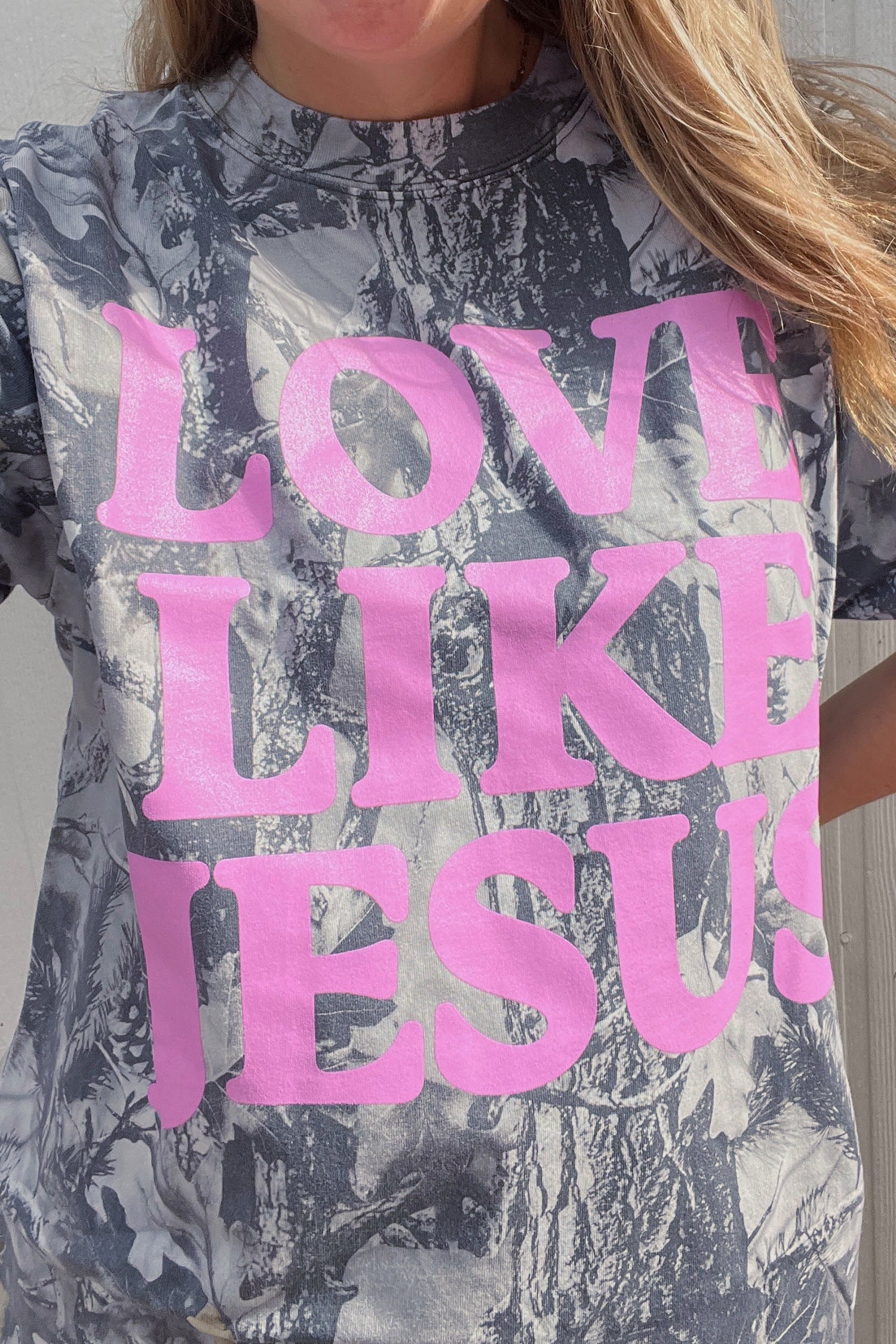 Gray Woodland Camouflage LOVE LIKE JESUS Plus Size T Shirt