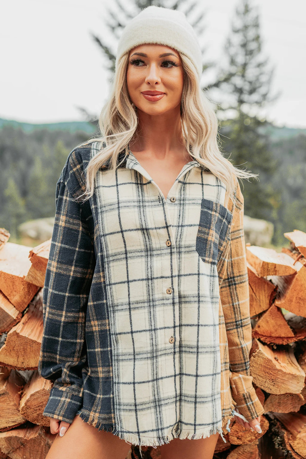 Multicolour Plaid Button-Up Long Sleeve Shift Silhouette Shacket