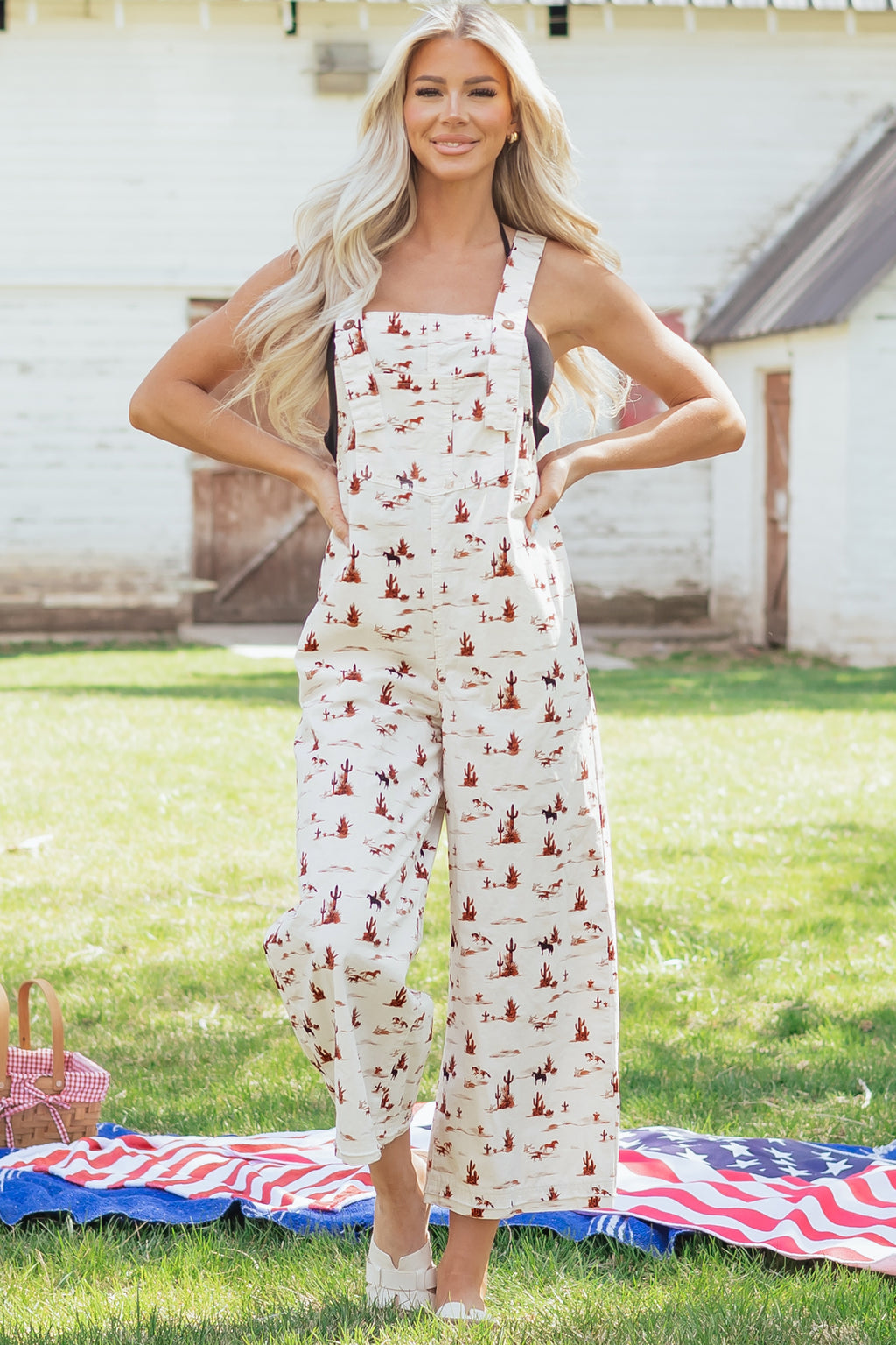 Beige Western Printed Button Adjustable Straps Loose Jumpsuit Dungarees