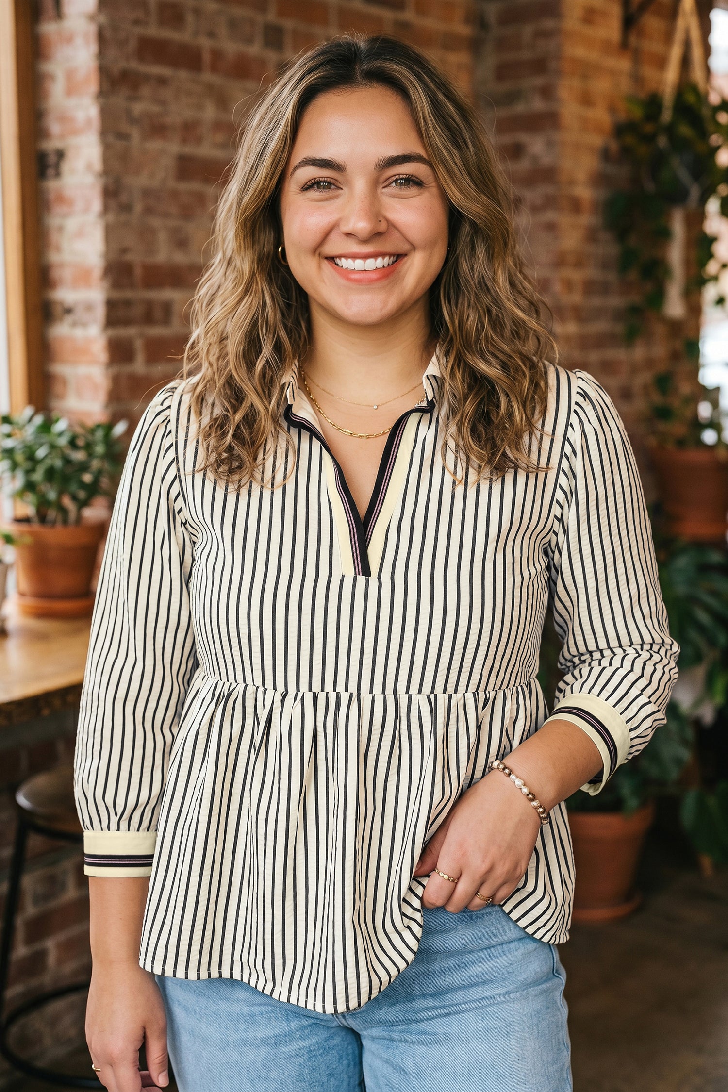 Black Stripe Patchwork Striped V Neck Tunic Plus Size Blouse
