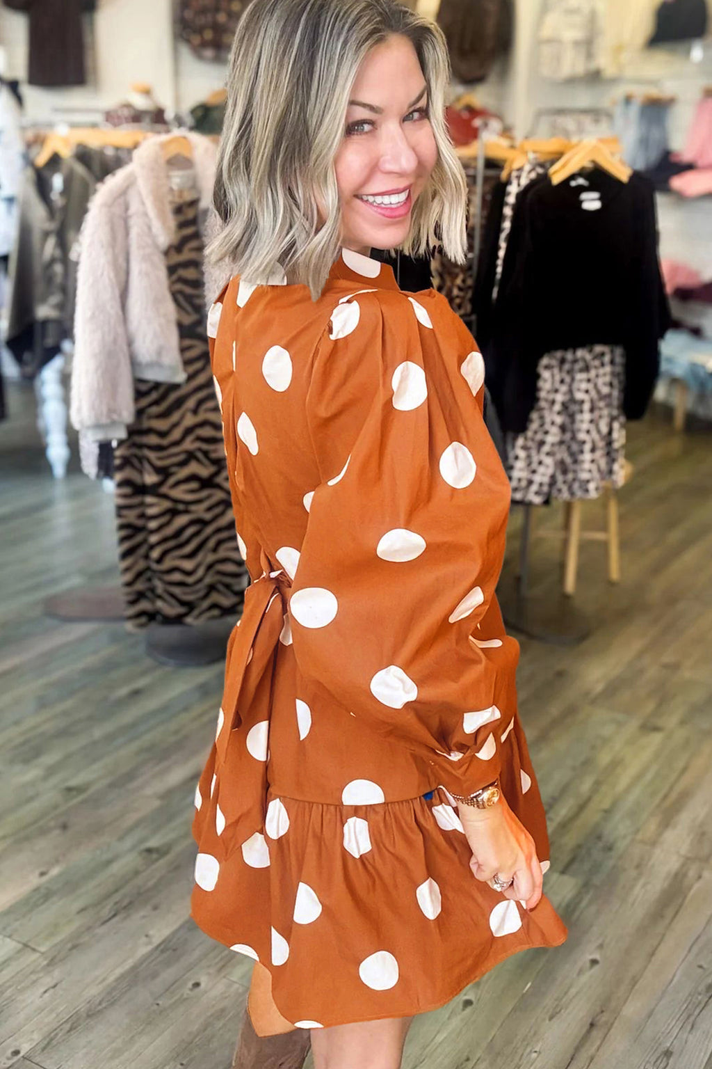 Brown Polka Dot Long Sleeve Tie Waist Casual Shift Mini Dress