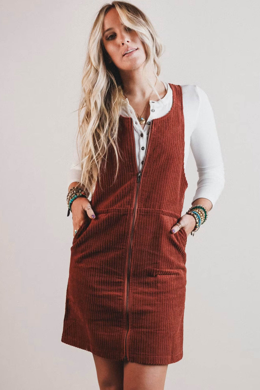 Clay Ribbed Corduroy Zip-Up Sleeveless Pocket Sheath Dress