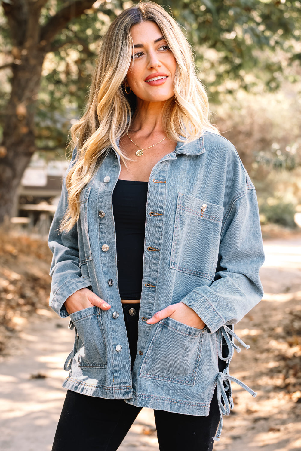 Beau Blue Multi Patched Pockets Side Tie up Boyfriend Style Denim Jacket