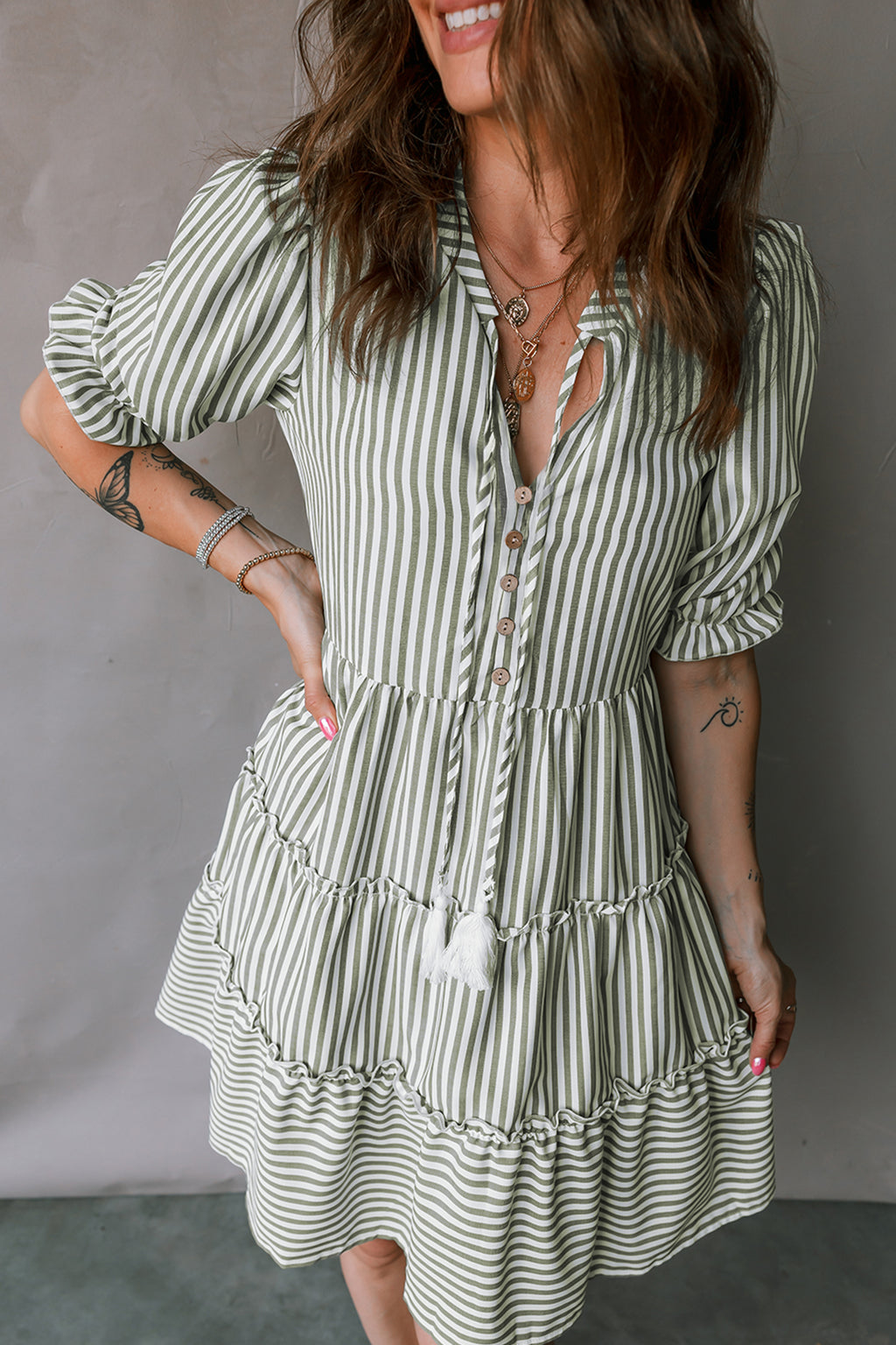 Green Stripe Tasseled Tie Neck Ruffled Short Sleeve Tiered Flattering Dress