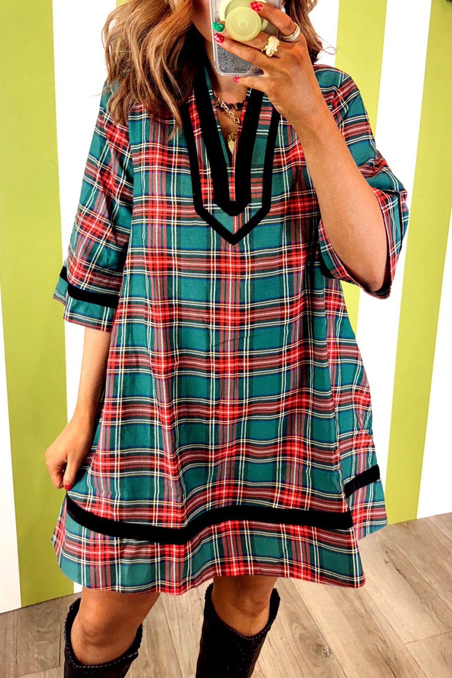 Green Plaid Velvet Trim Pockets Short Shift Dress