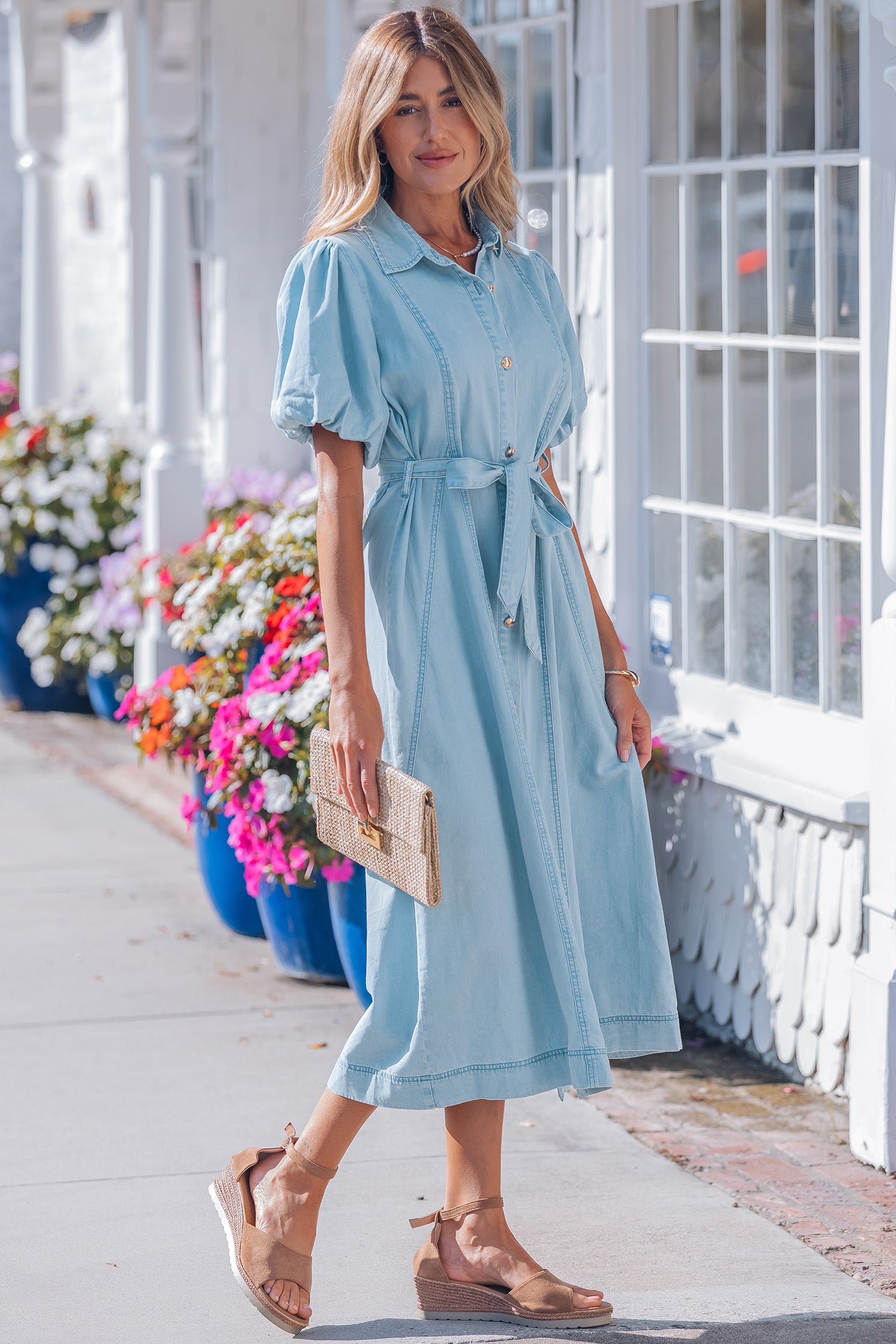 Sail Blue Full Buttons Collared Short Bubble Sleeve Long Denim Dress