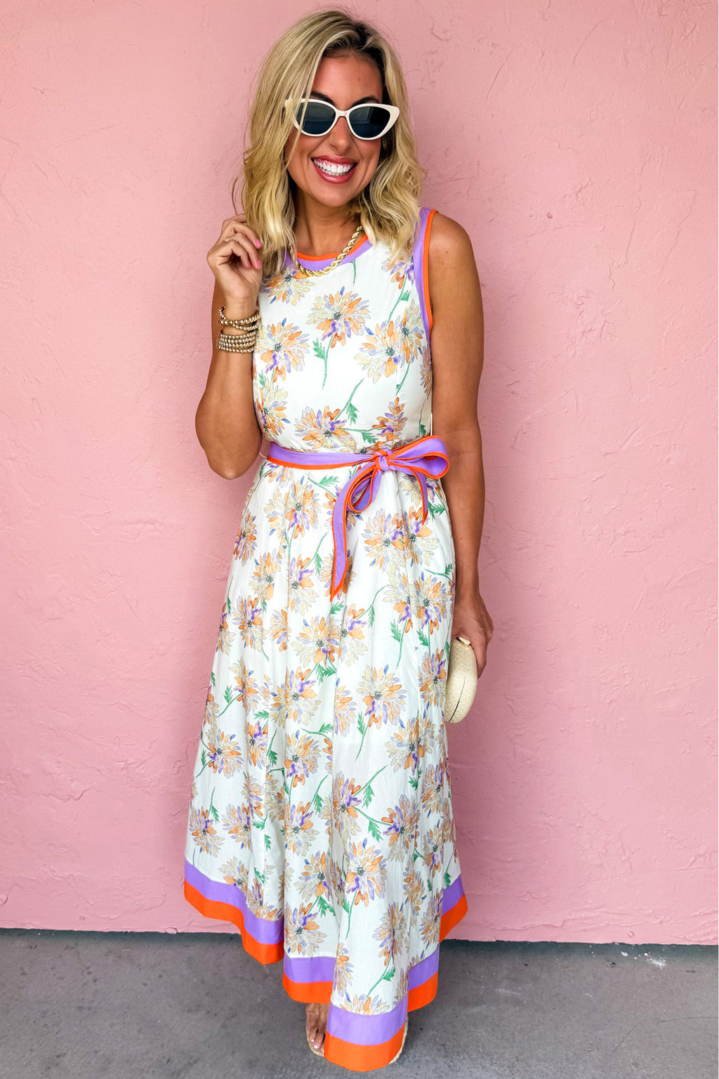 White Floral Print Color Block Trim Belted Sleeveless Maxi Dress