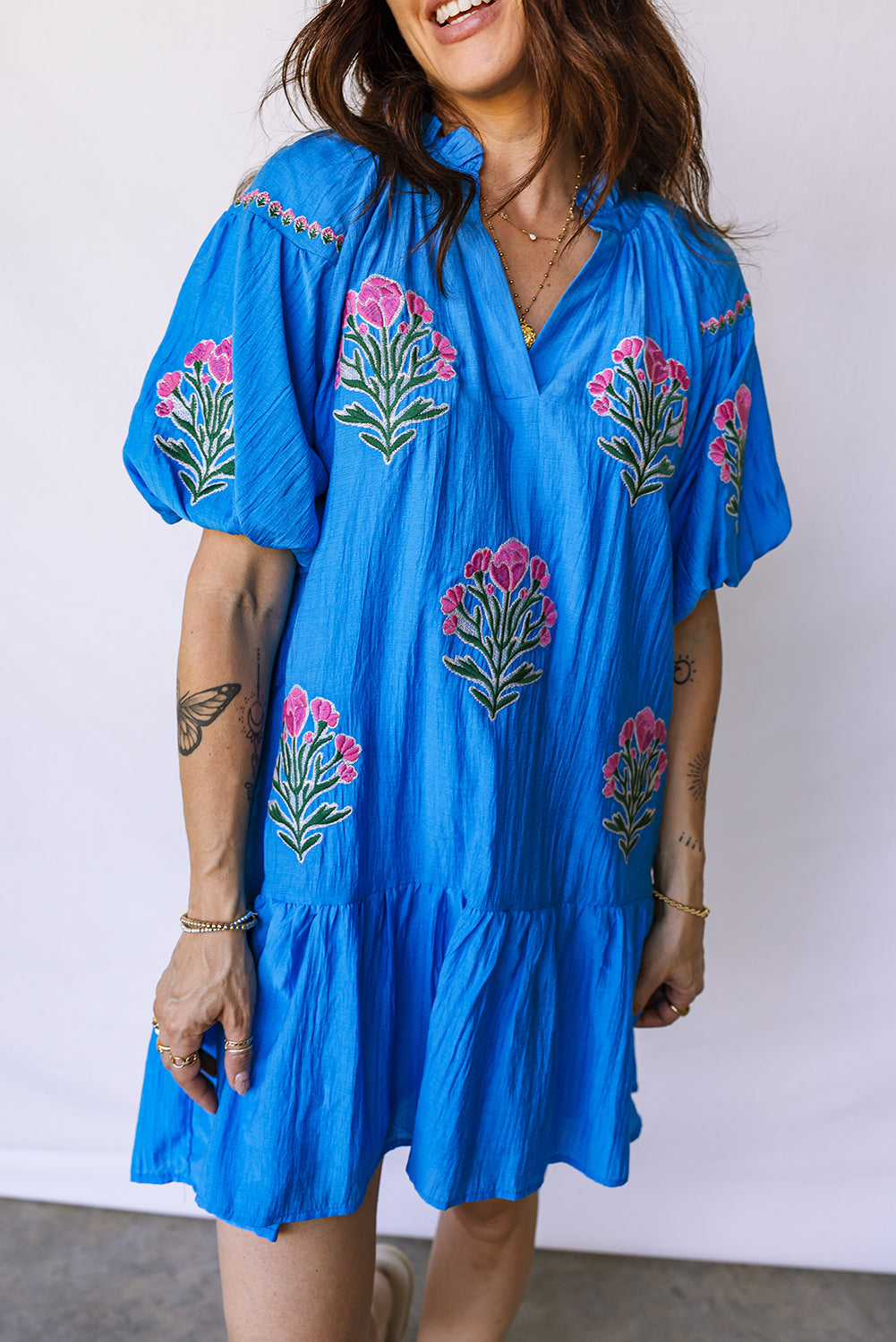 Blue Flower Embroidered Split Neck Short Puff Sleeve Ruffle Hem Dress