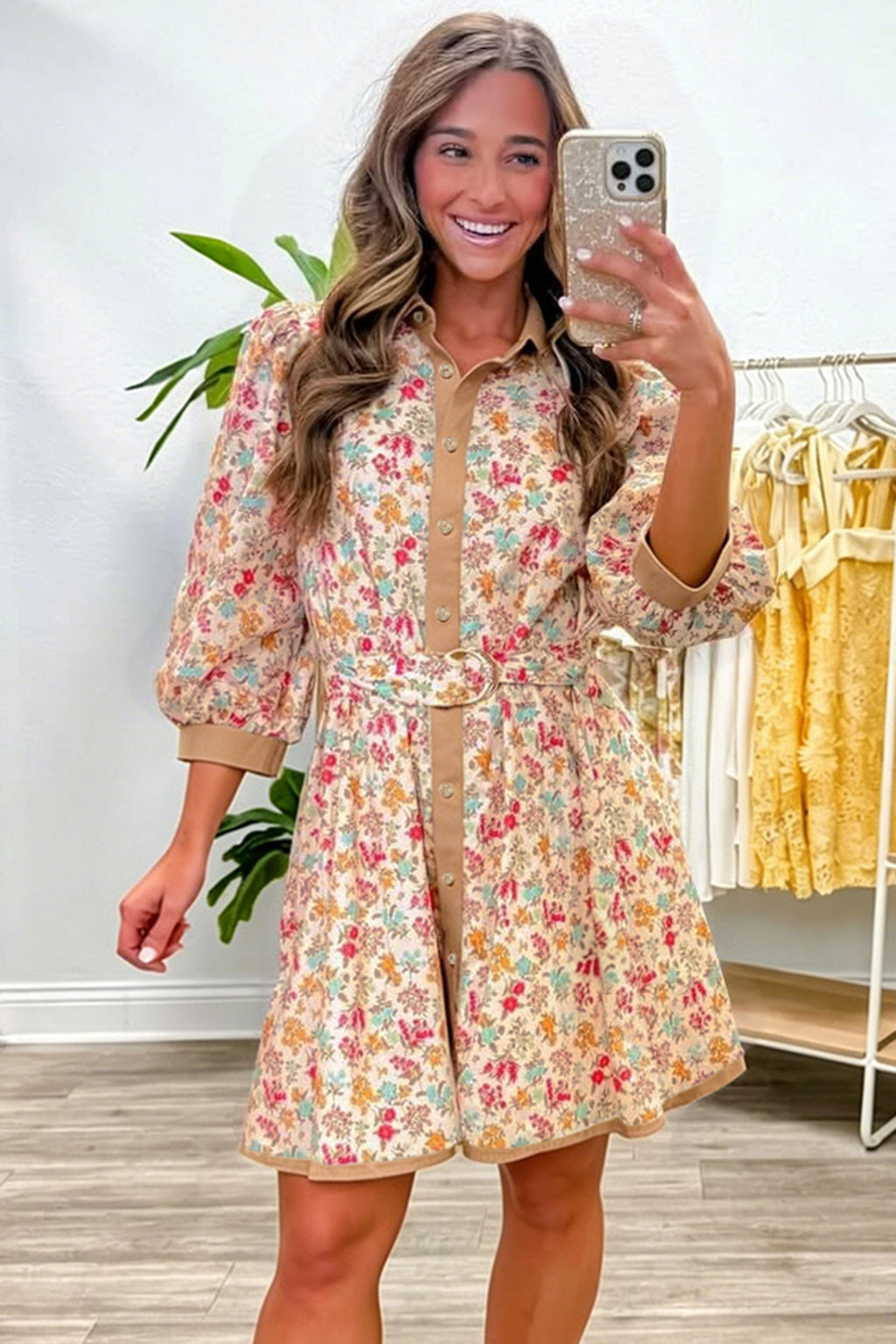 Orange Floral Print Color Block Trim Button Down 3/4 Sleeve Belted Mini Dress