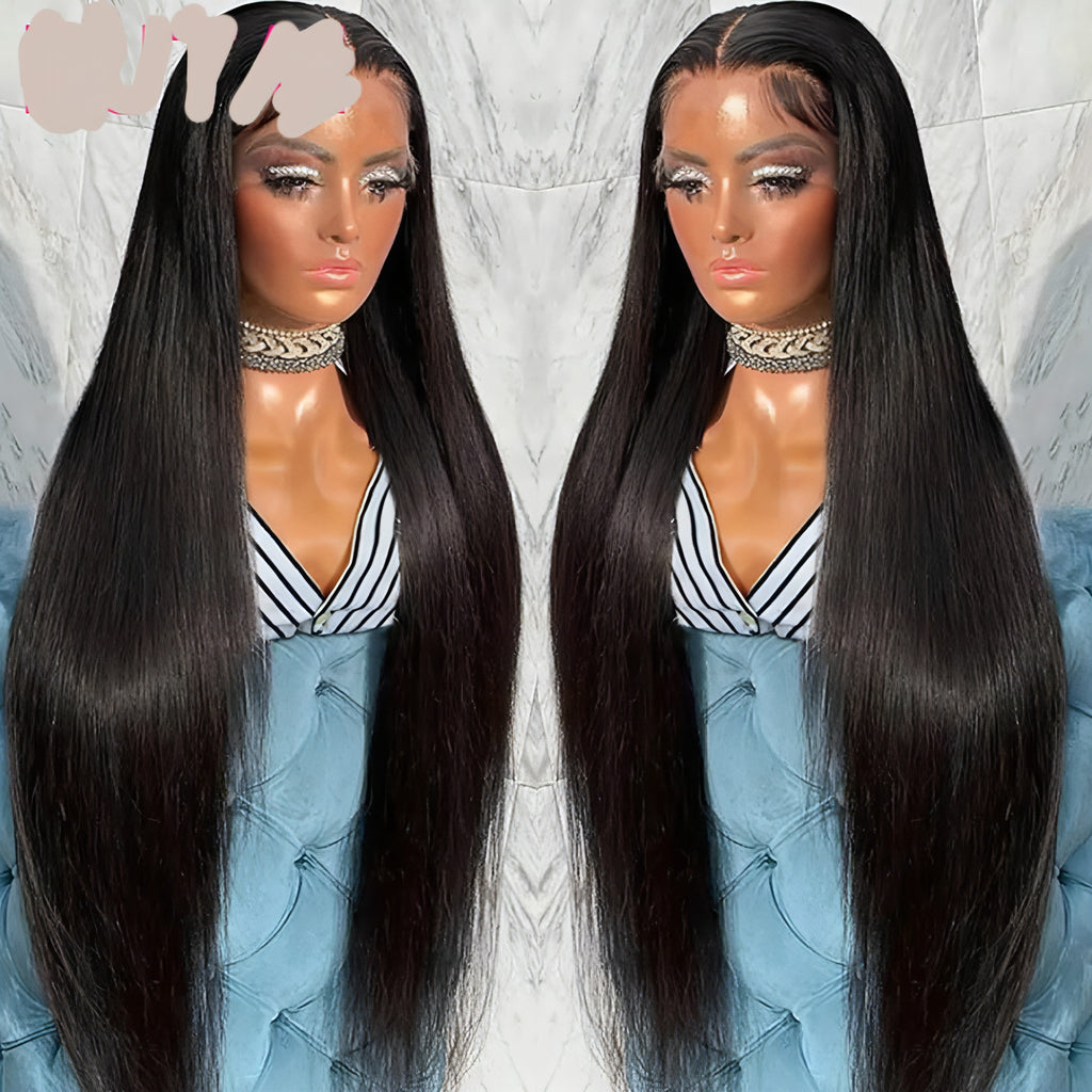 LuxeWave - Real Human Hair Lace Wig Set Straight Hair Black Medium Length