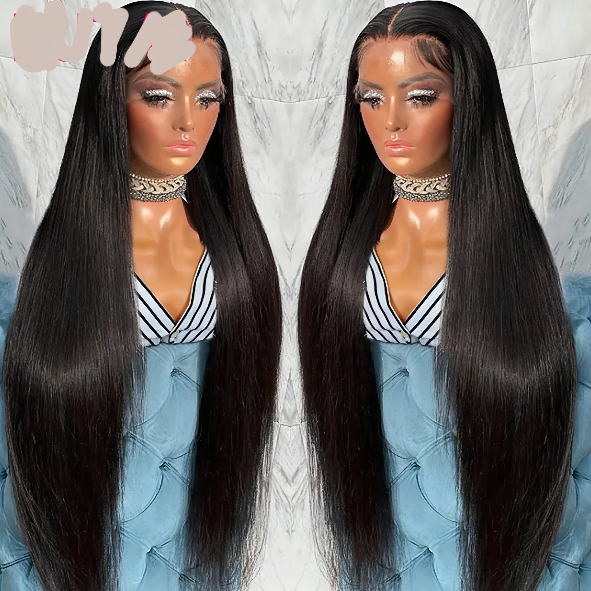 LuxeWave - Real Human Hair Lace Wig Set Straight Hair Black Medium Length