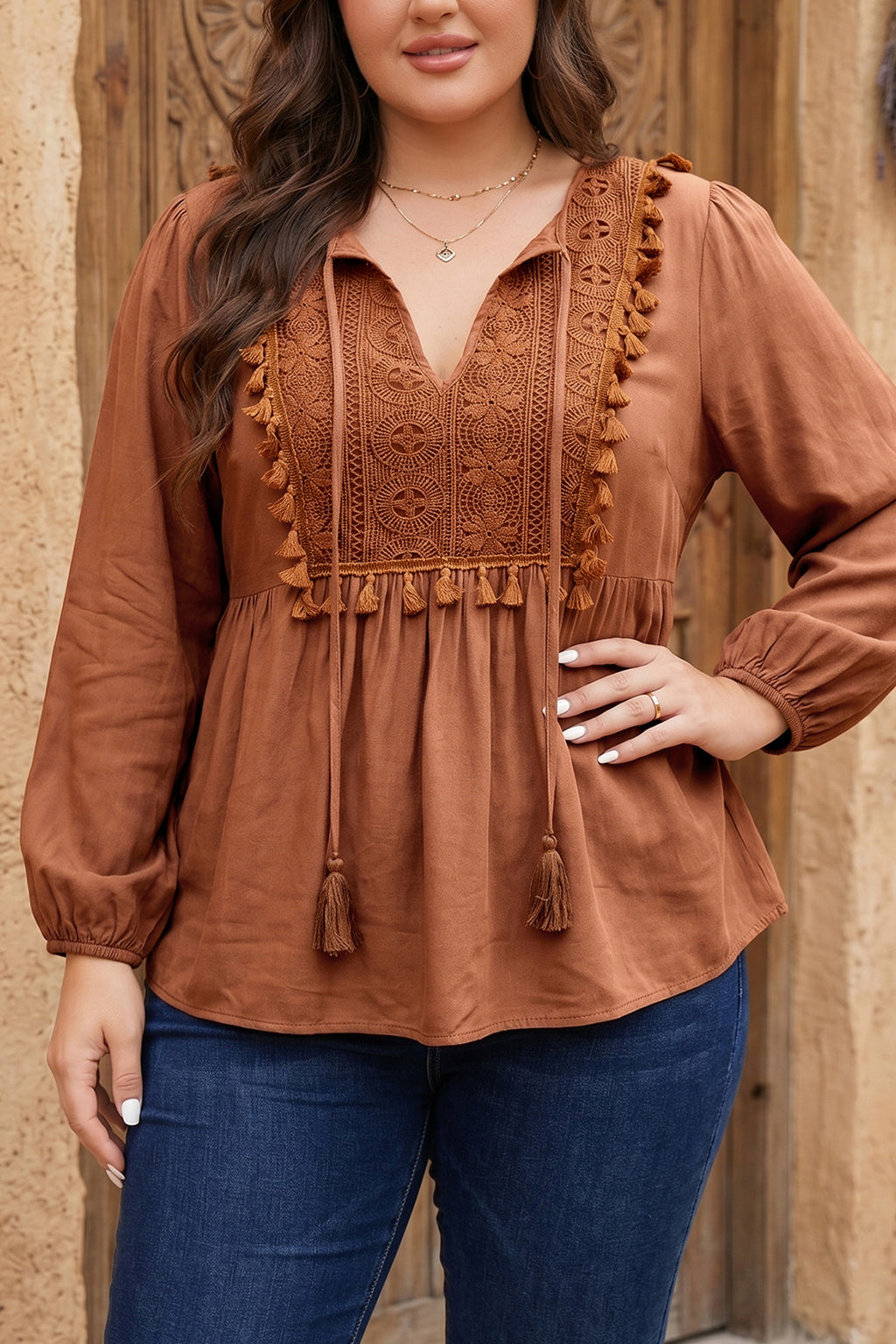 Chestnut Boho V Neck Embroidered Tassel Long Sleeve Plus Size Blouse