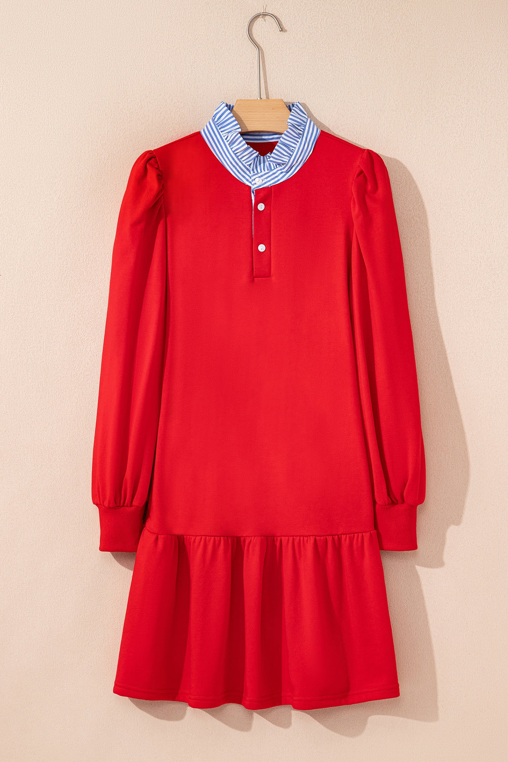 Pink Contrast Striped Collar Patchwork Puff Sleeve Ruffle Hem Mini Dress
