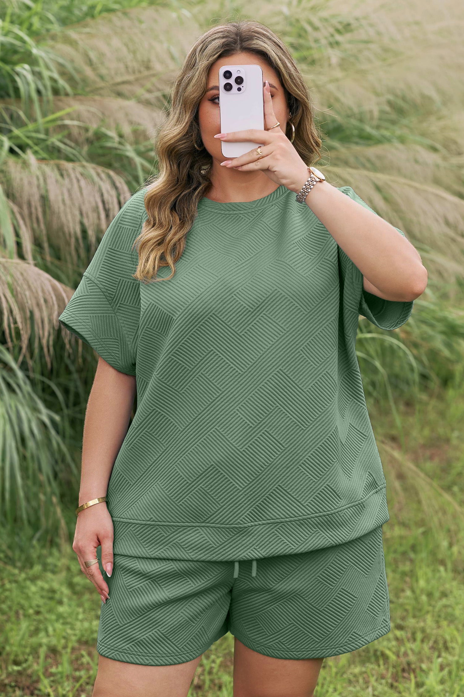 Mineral Blue Plus Size Textured Short Sleeve Top Drawstring Shorts Set