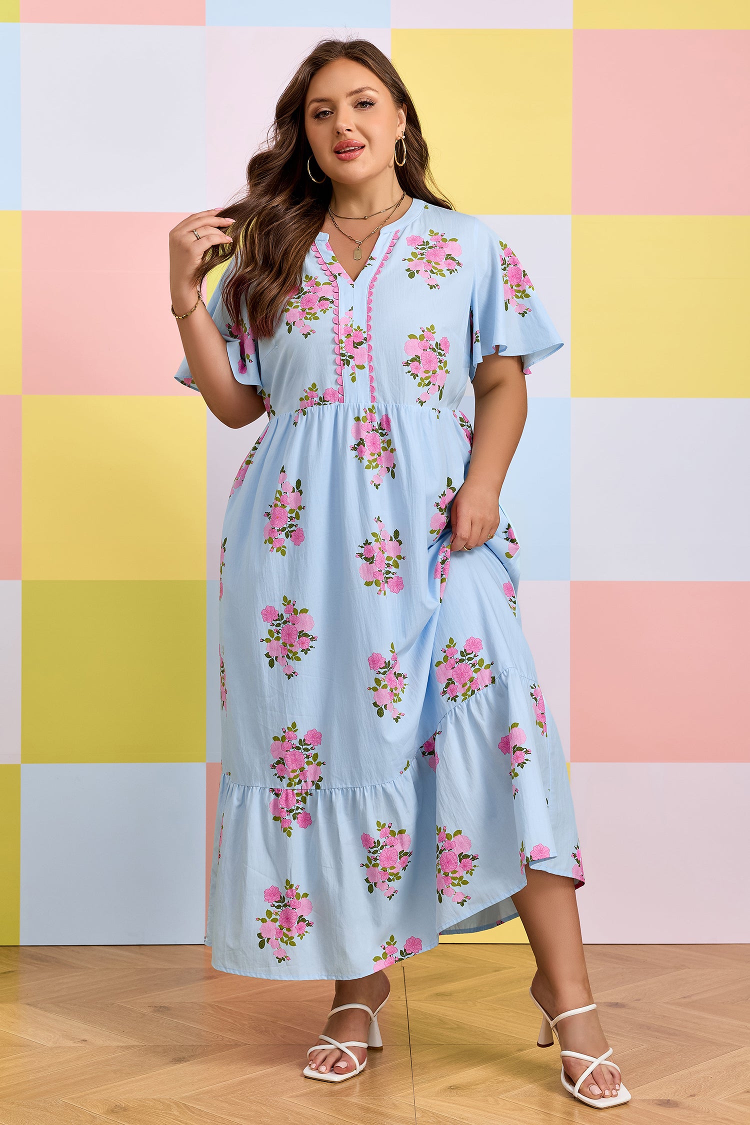 Sky Blue Plus Size Floral Print Scalloped Trim V-Neck Dress