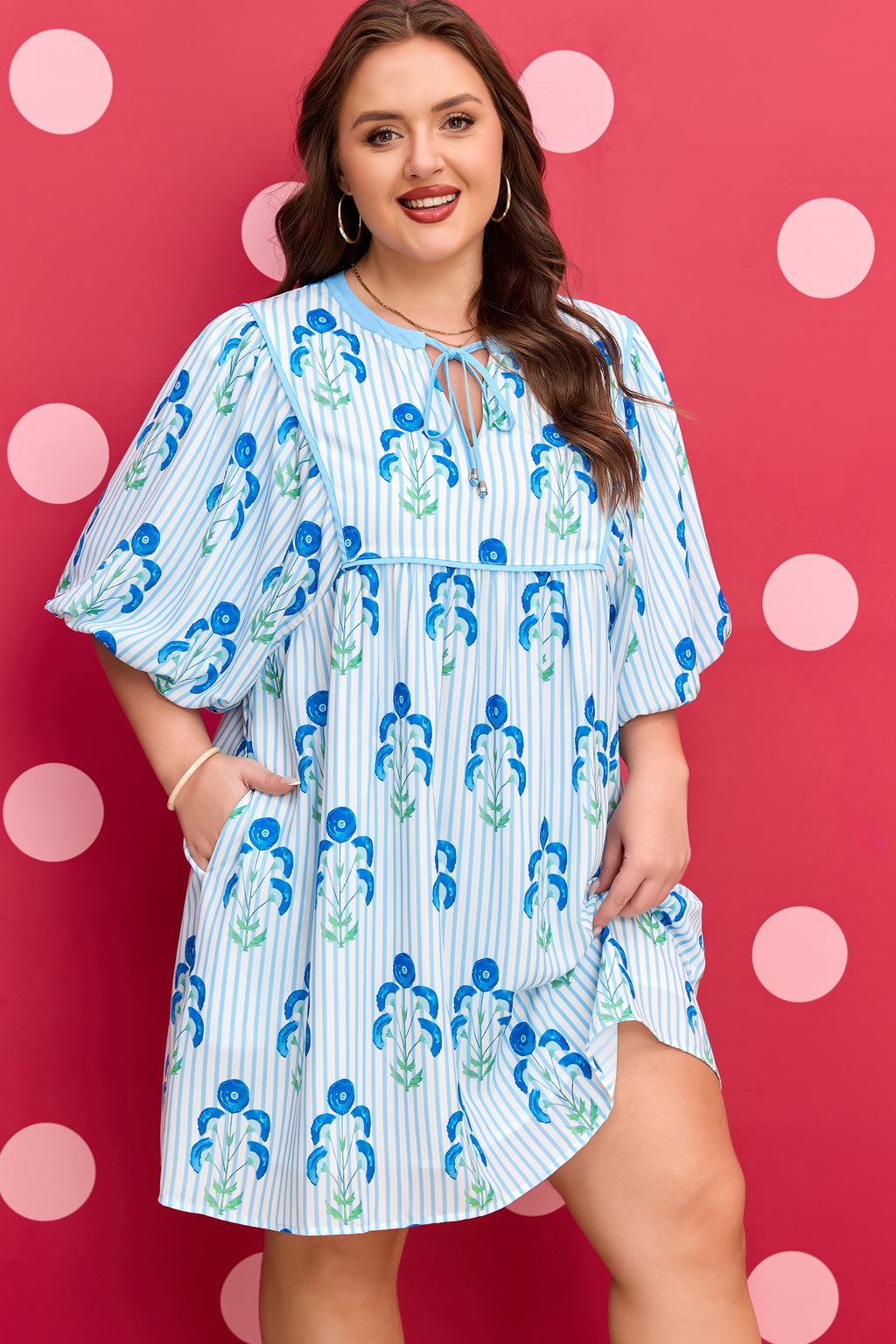 Sky Blue Floral Striped Bubble Short Sleeve Plus Size Dress