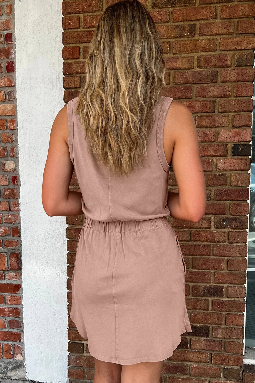 Smoke Gray Mineral Wash U Neck Elastic Waist Sleeveless Mini Dress
