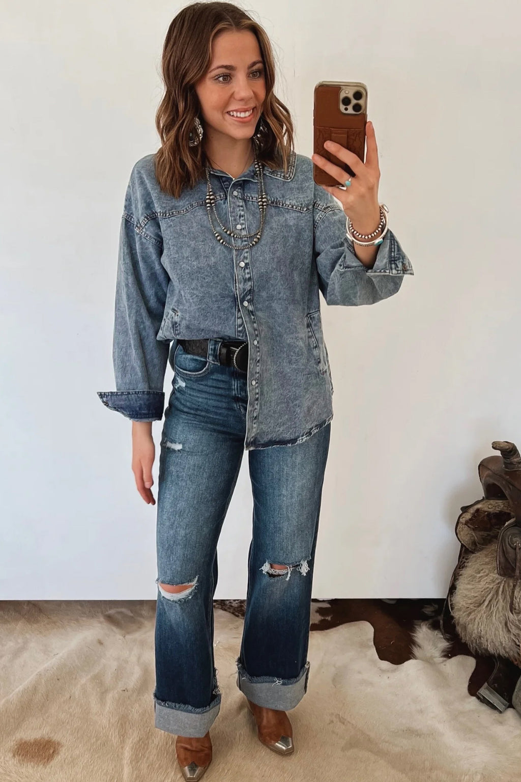 Dusk Blue Western Long Sleeve Shirt Collar Tunic Denim Jacket
