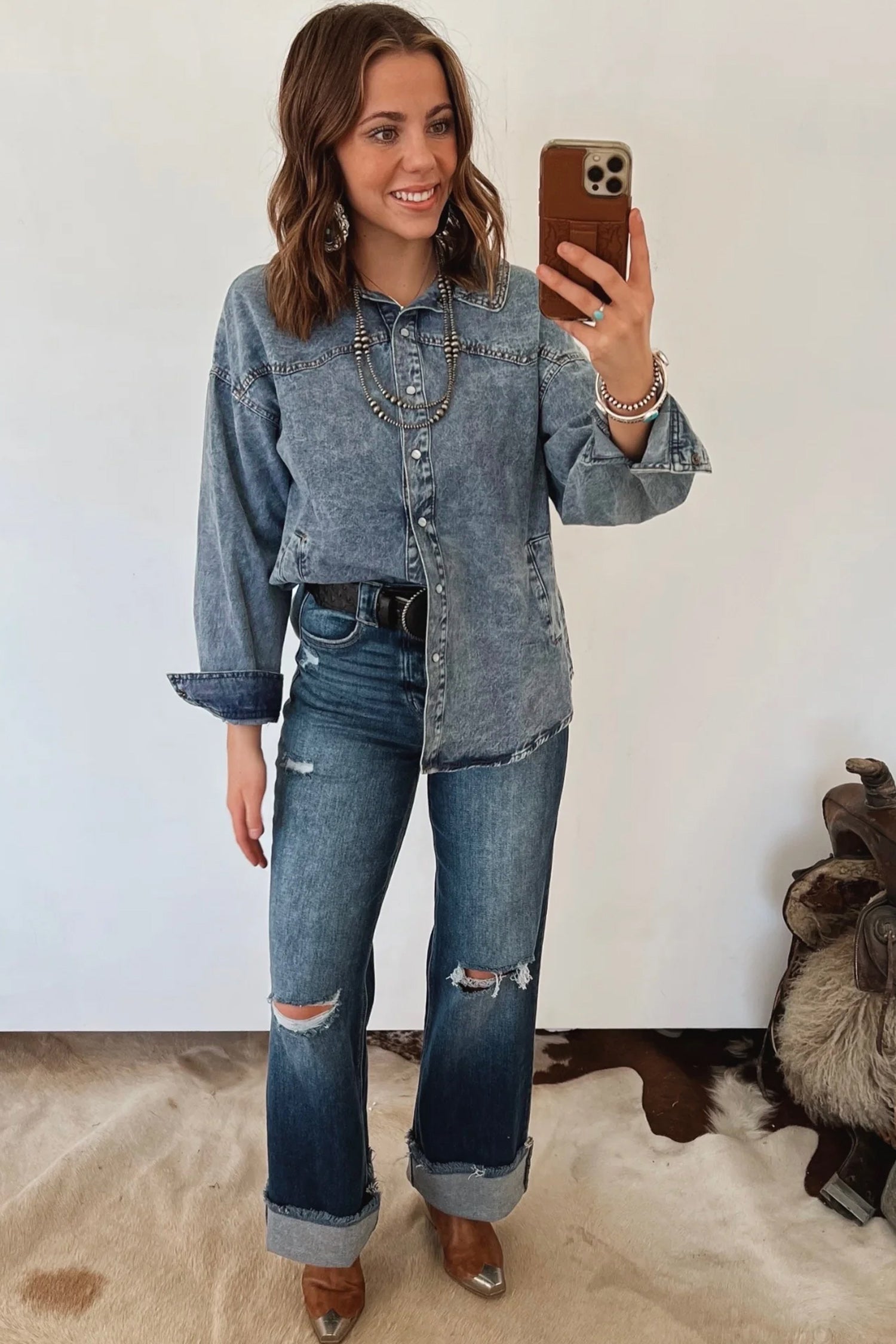 Dusk Blue Western Long Sleeve Shirt Collar Tunic Denim Jacket