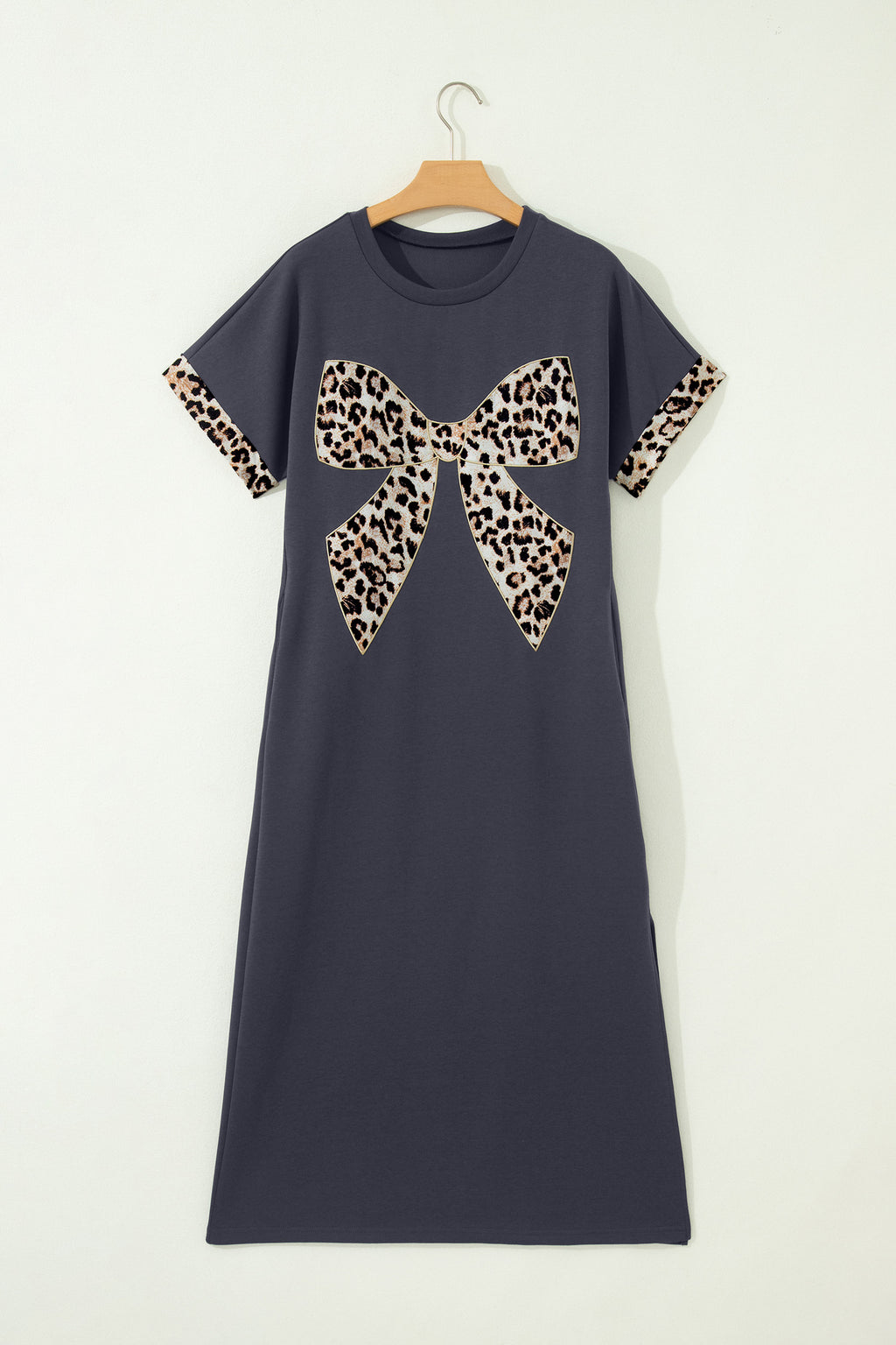 Dark Grey Contrast Leopard Bow Patched Short Sleeve T Shirt Long Dress