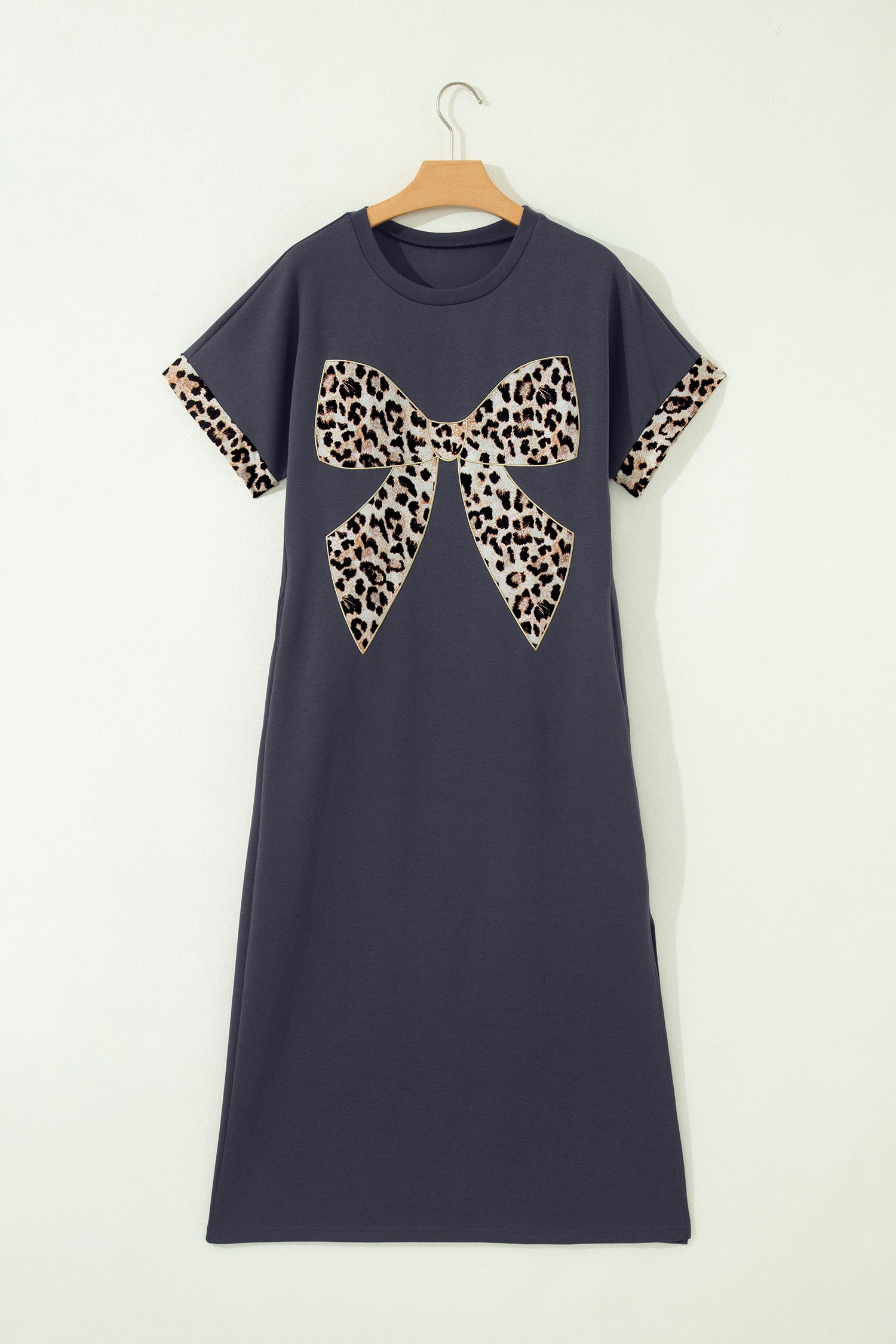 Dark Grey Contrast Leopard Bow Patched Short Sleeve T Shirt Long Dress
