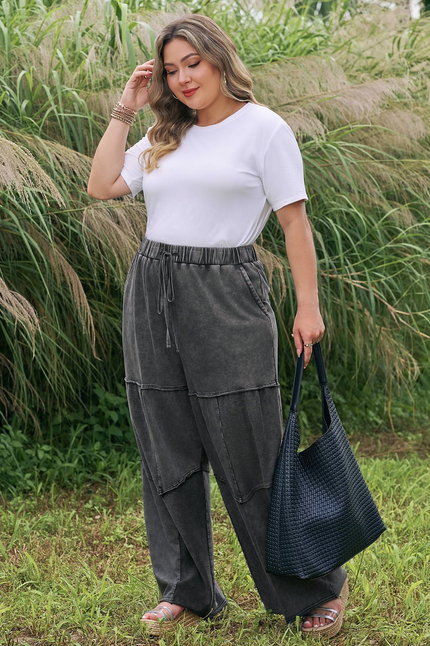 Black Plus Size Mineral Wash Exposed Seam Patchwork Drawstring Loose Pants