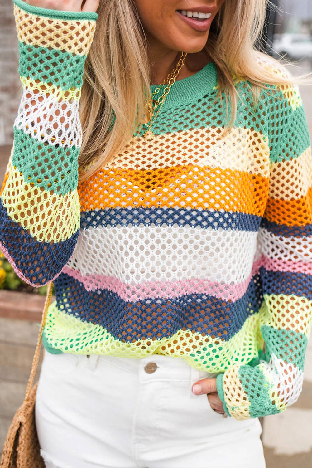 Grønn Colorblock Patchwork Knit Heklet Øyegenser