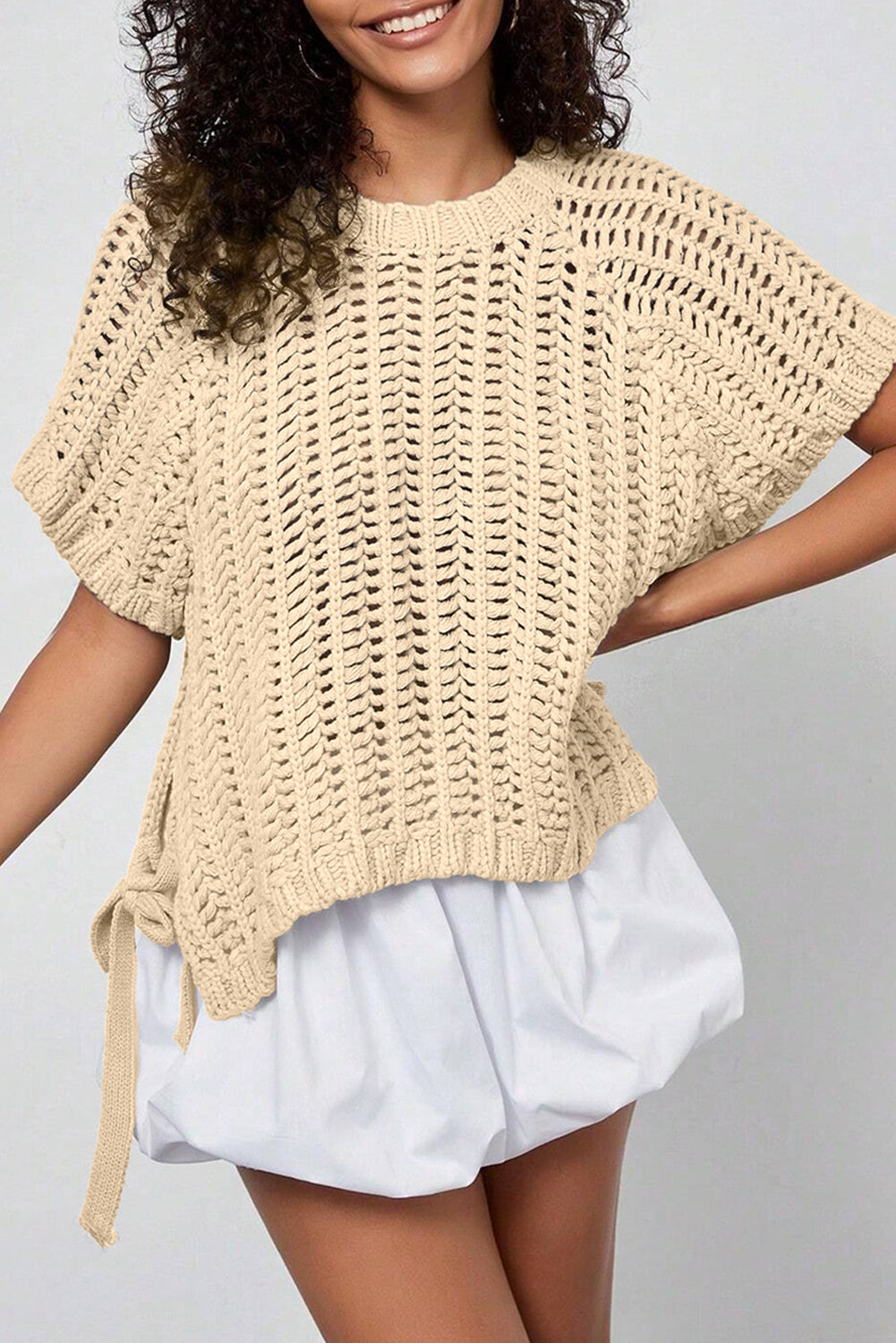 Pink Plus Size Open Knit Bow Tie Short Sleeve Sweater