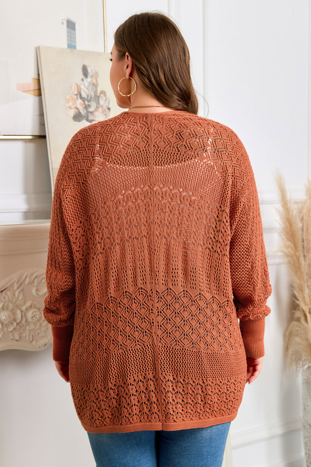 Redwood Burl Mixed Pattern Knitted Open Front Plus Cardigan