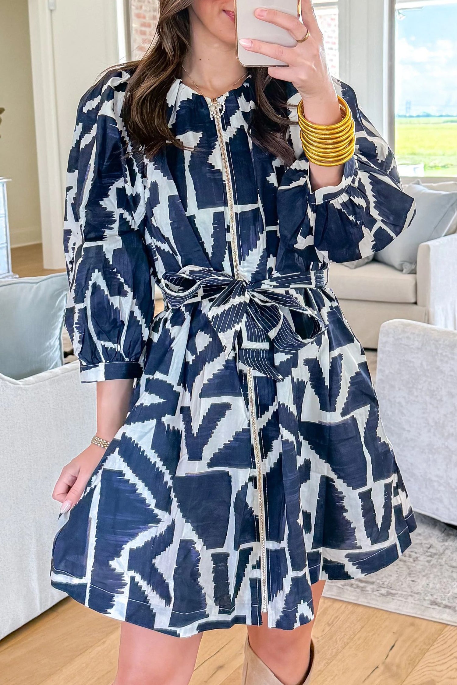 Blue Abstract Geometric Print Zip Front Tie Waist Shift Dress