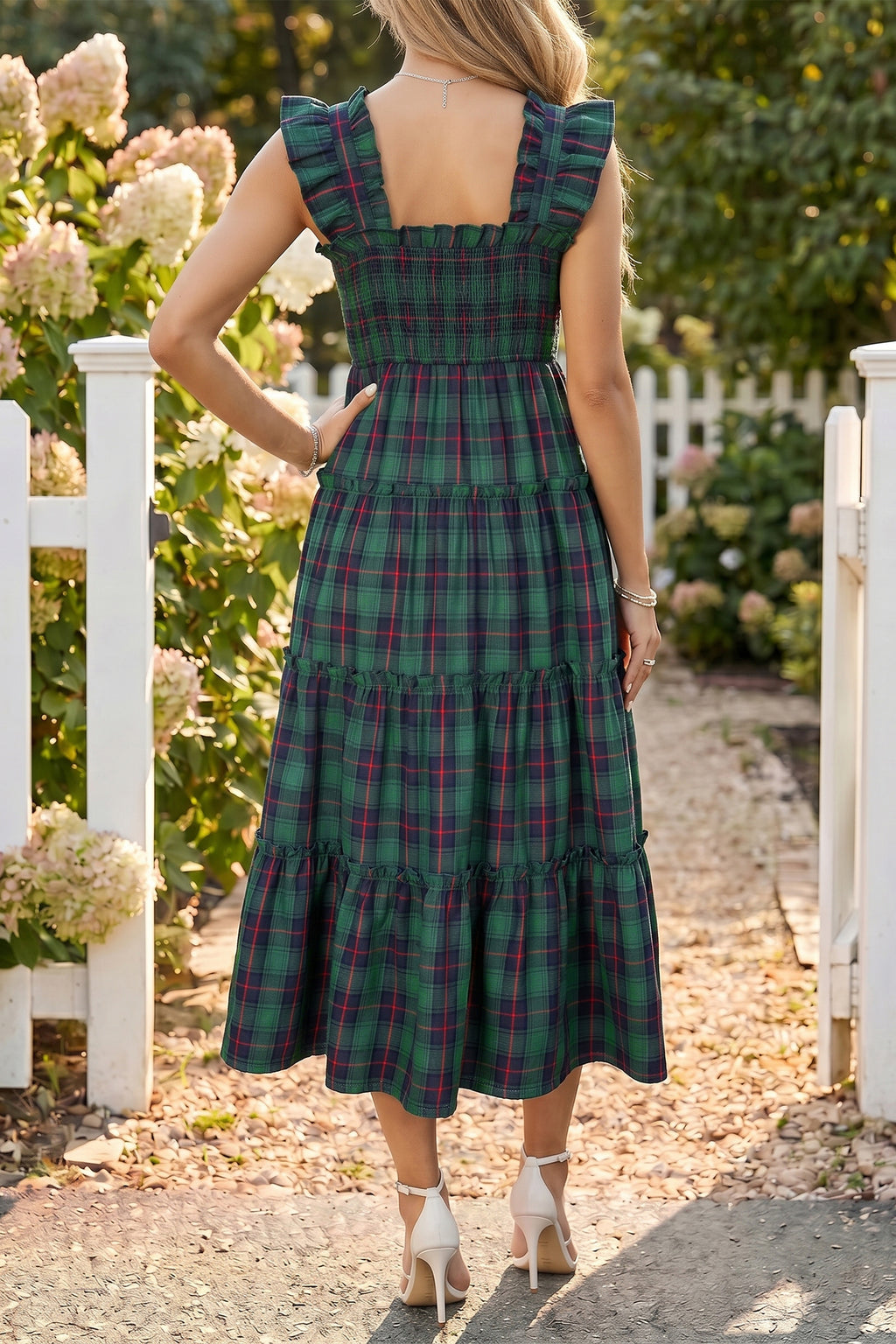 Green Plaid Ruffle Sleeveless Shirred Bodice Tiered Midi Dress